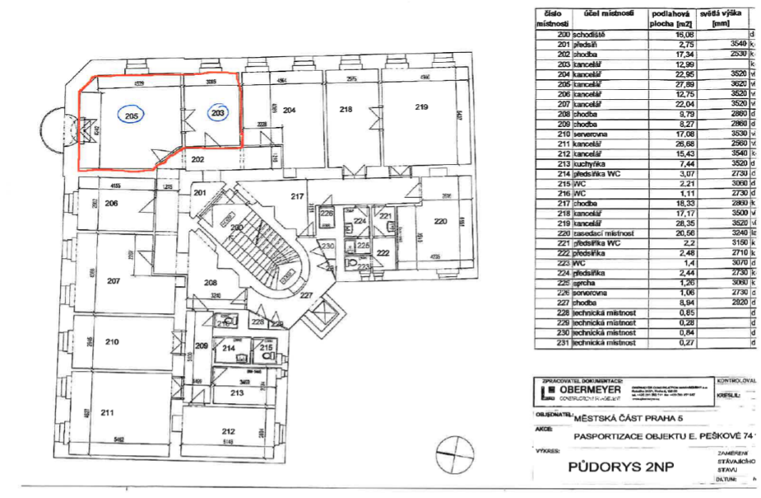 Půdorys 2. nadzemního podlaží (2NP) objektu E. Peškové 74, Praha 5. Dokument obsahuje plán místností s označením čísel (200-231) a tabulku s přehledem místností, jejich plochou v m2 a světlou výškou v mm. Tabulka obsahuje: 200 schodiště (16,08 m2), 201 předsíň (2,75 m2, 3540 mm), 202 chodba (17,34 m2, 2530 mm), 203 kancelář (12,99 m2), 204 kancelář (22,95 m2, 3520 mm), 205 kancelář (27,89 m2, 3620 mm), 206 kancelář (12,75 m2, 3520 mm), 207 kancelář (22,04 m2, 3520 mm), 208 chodba (9,79 m2, 2860 mm), 209 chodba (8,27 m2, 2860 mm), 210 serverovna (17,08 m2, 3530 mm), 211 kancelář (26,68 m2, 2560 mm), 212 kancelář (15,43 m2, 3540 mm), 213 kuchyňka (7,44 m2, 3520 mm), 214 předsíňka WC (3,07 m2, 2730 mm), 215 WC (2,21 m2, 3060 mm), 216 WC (1,11 m2, 2730 mm), 217 chodba (18,33 m2, 2860 mm), 218 kancelář (17,17 m2, 3500 mm), 219 kancelář (28,35 m2, 3520 mm), 220 zasedací místnost (20,56 m2, 3240 mm), 221 předsíňka WC (2,2 m2, 3150 mm), 222 předsíňka (2,48 m2, 2710 mm), 223 WC (1,4 m2, 3070 mm), 224 předsíňka (2,44 m2, 2730 mm), 225 sprcha (1,26 m2, 3060 mm), 226 serverovna (1,06 m2, 2730 mm), 227 chodba (8,94 m2, 2920 mm), 228-231 technické místnosti. Zpracovatel dokumentace: OBERMEYER HELIKA, objednatel: MĚSTSKÁ ČÁST PRAHA 5, akce: PASPORTIZACE OBJEKTU E. PEŠKOVÉ 74.