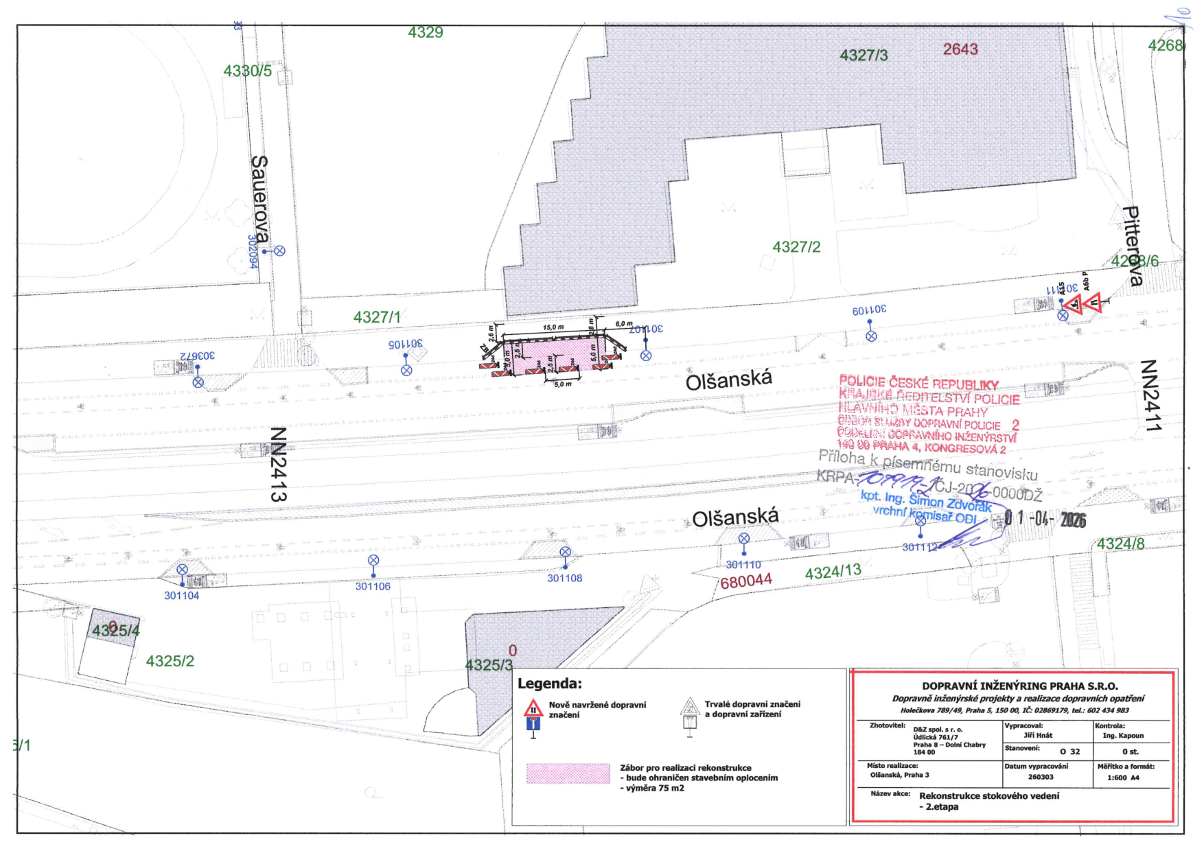 Situační nákres dopravního značení a záboru pro rekonstrukci kanalizace v ulici Olšanská.