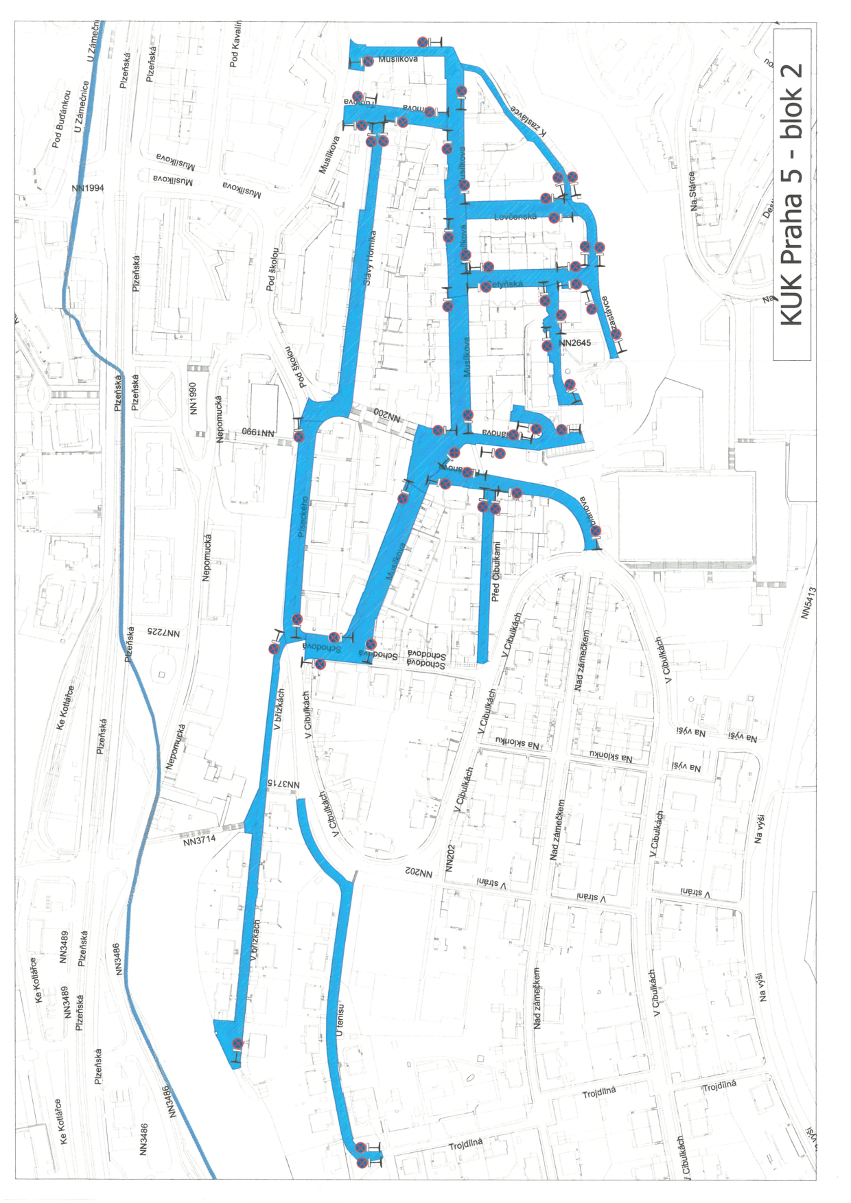 Situační plán inženýrských sítí (KUK Praha 5 - blok 2). Mapa zobrazuje trasování sítí (modré linie) v oblasti ulic: Plzeňská, Ke Kotlářce, U Zámečnice, Nepomucká, V Břízkách, V Cibulkách, U Tenisu, Schodová, Musílkova, Nad Zámečkem, Na Sklonku, Na Výši, V Stráni, Trojdlílná, Před Cibulka, Lovčenská, Čtyřlístková, Na Stárce. V mapě jsou vyznačeny uzly a koncové body (křížky v kruzích) a identifikační čísla objektů/uzlů (např. NN1994, NN1990, NN200, NN2645, NN3715, NN3714, NN202, NN5413, NN7225, NN3486, NN3489).
