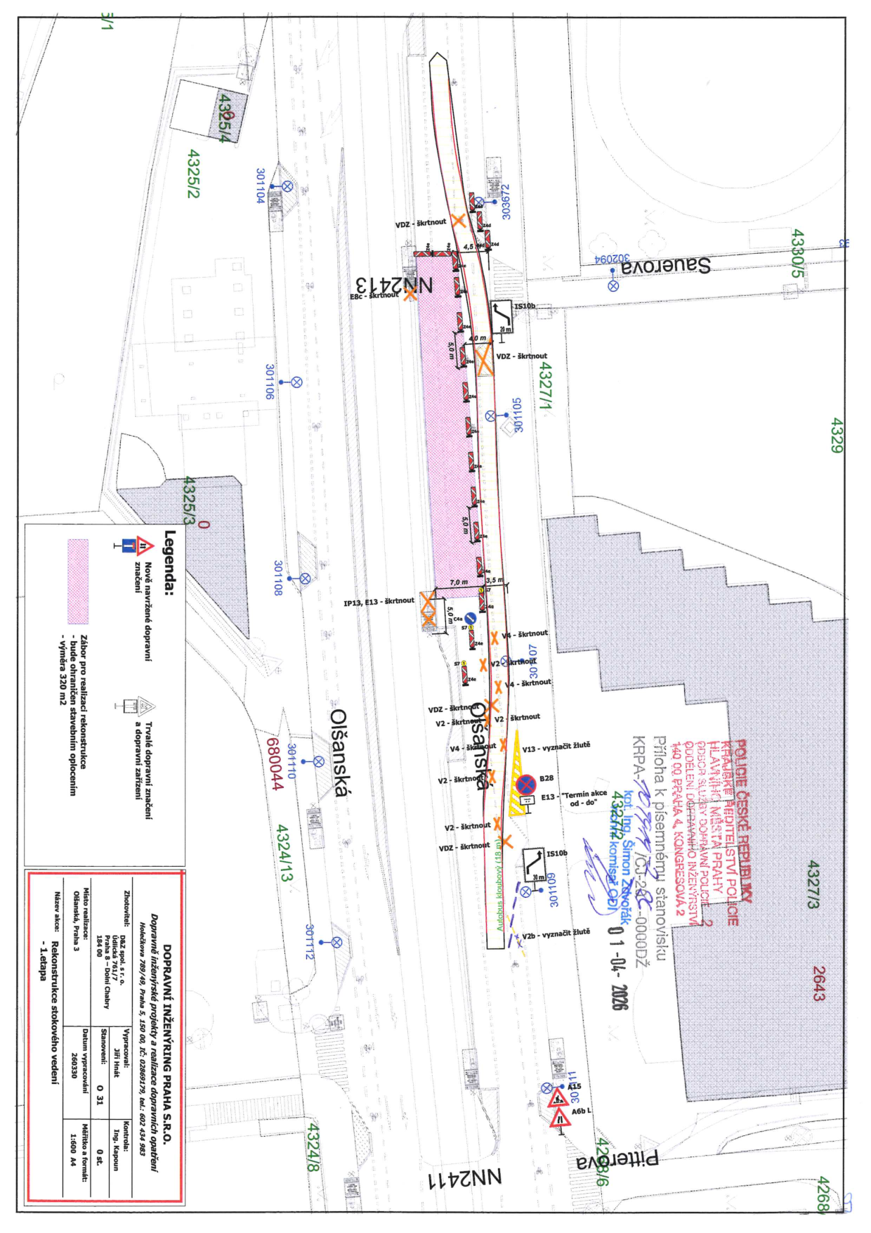 Situační nákres dopravního značení a záboru pro rekonstrukci stokového vedení v ulici Olšanská.