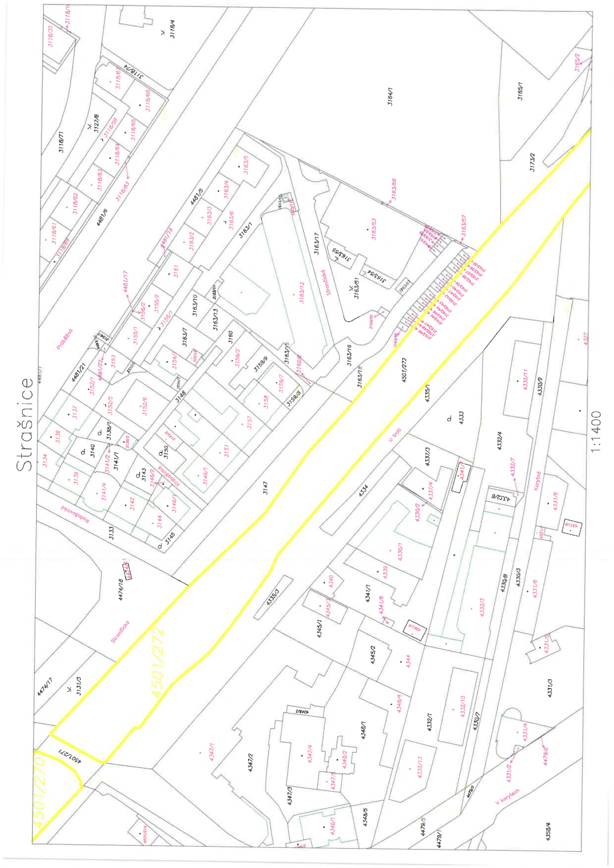 Katastrální mapa oblasti Strašnice s vyznačenými parcelními čísly (např. 4501/270, 3118/5, 3163/1, 4335/3, 4332/4, 4347/2, 4348/1, 4481/21, 3141/1, 3155/1, 3163/17, 4501/272, 4330/7, 4331/6, 4331/9, 4332/10, 4347/4, 4348/2, 4346/1, 4348/5, 4479/5, 4479/1, 4358/4, 4474/17, 3131/3, 3134, 3136, 3137, 3139, 3140, 3142, 3143, 3144, 3145, 3146, 3147, 3148, 3151, 3152, 3153, 3157, 3158, 3159, 3160, 3161, 3163, 4327, 4333, 4335, 4339, 4340, 4341, 4344, 4345, 4481, 3118, 3165, 3173, 4330, 4331, 4332, 4347, 4348, 4346, 4358, 4474, 4479, 3131, 3134, 3136, 3137, 3139, 3140, 3142, 3143, 3144, 3145, 3146, 3147, 3148, 3151, 3152, 3153, 3157, 3158, 3159, 3160, 3161, 3163, 4327, 4333, 4335, 4339, 4340, 4341, 4344, 4345, 4481, 3118, 3165, 3173). V mapě jsou vyznačeny názvy ulic: Strašnická, Radobýlská, U trati, V korytech, Korytná.