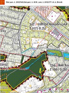 Výřez územního plánu hl. m. Prahy pro oblast Braník, konkrétně pro část parc. č. 2612/140, část parc. č. 3038 a parc. č. 2612/377. Mapa obsahuje vyznačenou lok…