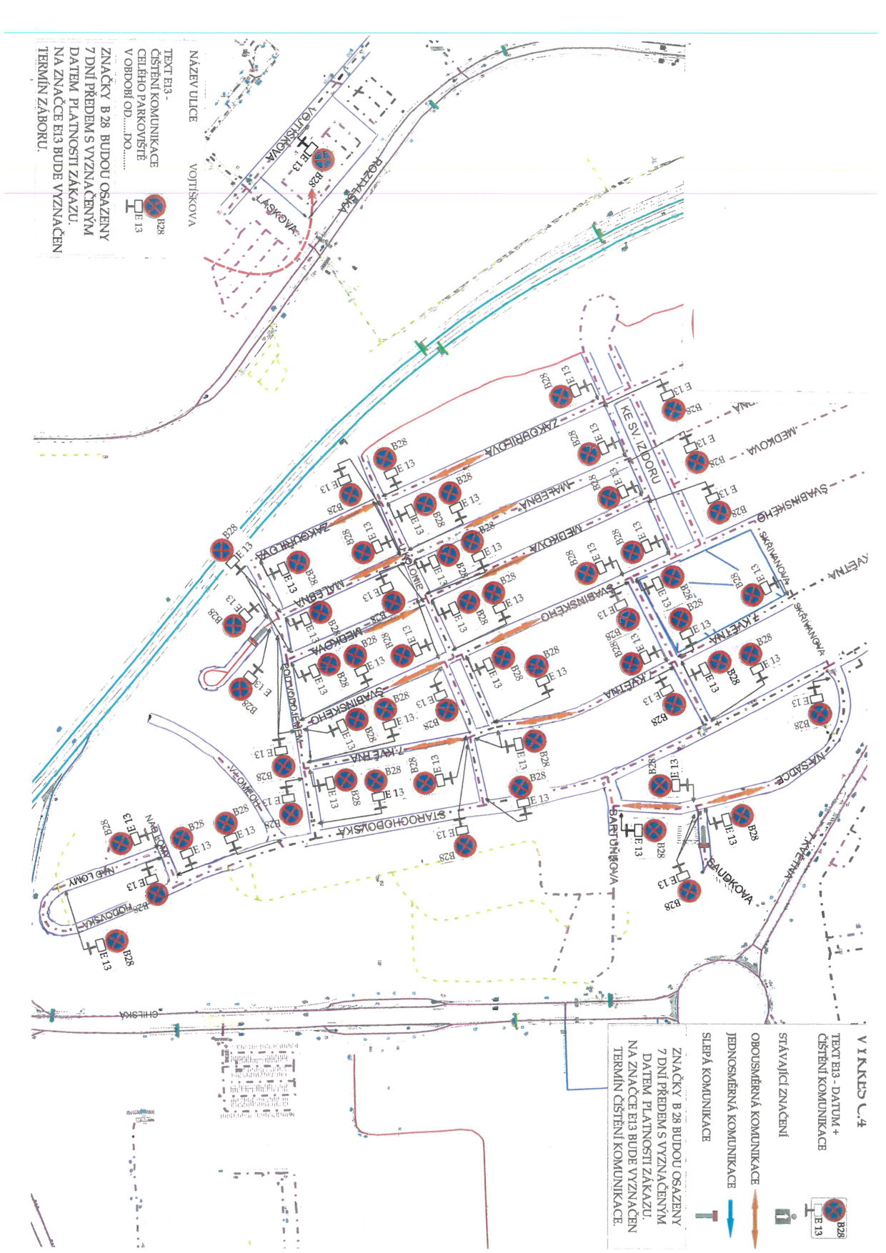 Situační nákres dopravního značení pro blokové čištění komunikací v dané lokalitě.