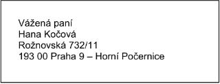 Adresát: Vážená paní Hana Kočová, Rožnovská 732/11, 193 00 Praha 9 – Horní Počernice
