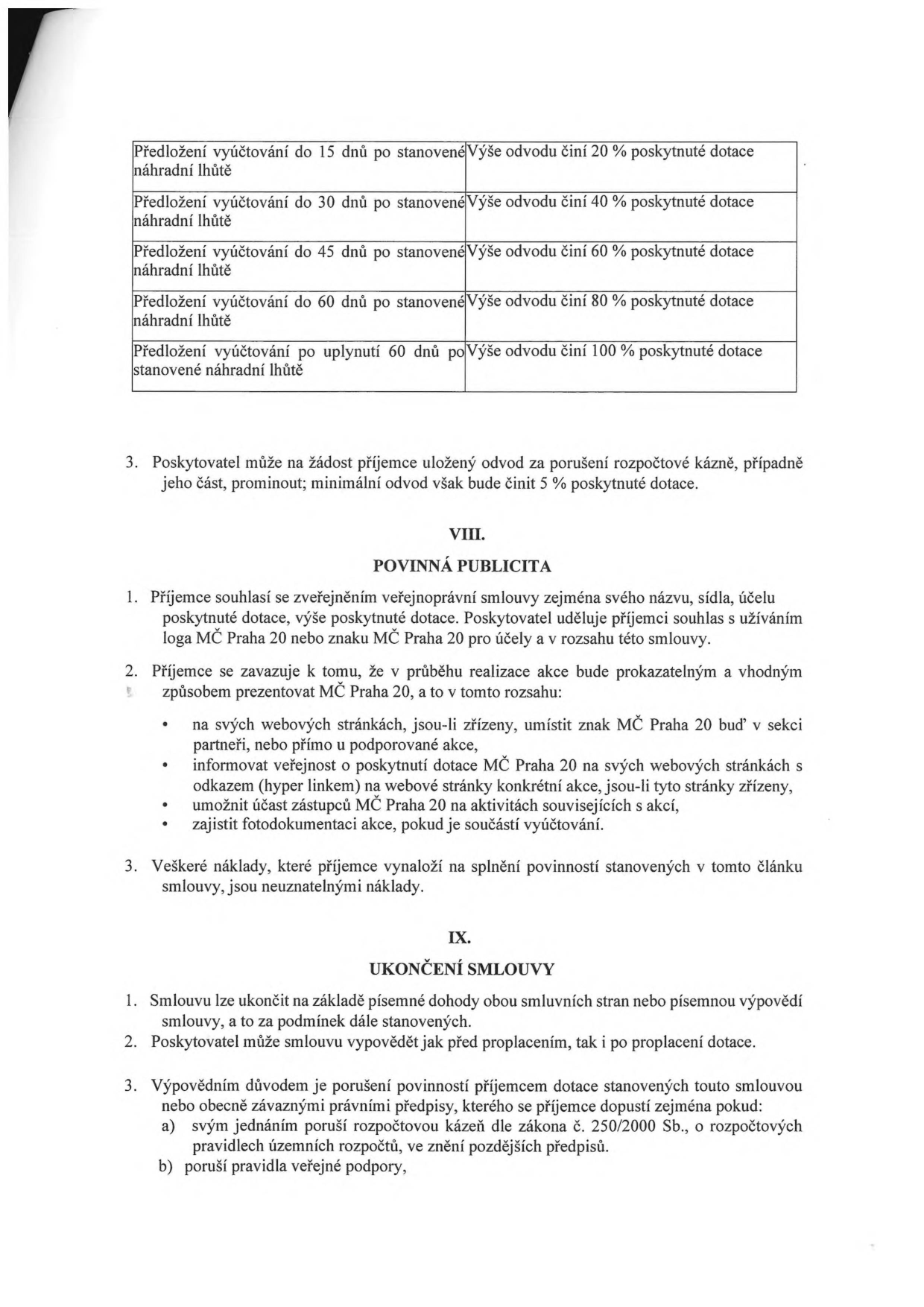 Výňatek ze smlouvy o poskytnutí dotace obsahující tabulku sankcí za pozdní vyúčtování: 15 dní po lhůtě 20 %, 30 dní 40 %, 45 dní 60 %, 60 dní 80 %, po 60 dnech 100 % dotace. Dále obsahuje článek VIII. Povinná publicita (povinnost uvádět logo MČ Praha 20, informovat na webu, fotodokumentace) a článek IX. Ukončení smlouvy (možnost výpovědi při porušení rozpočtové kázně nebo pravidel veřejné podpory).