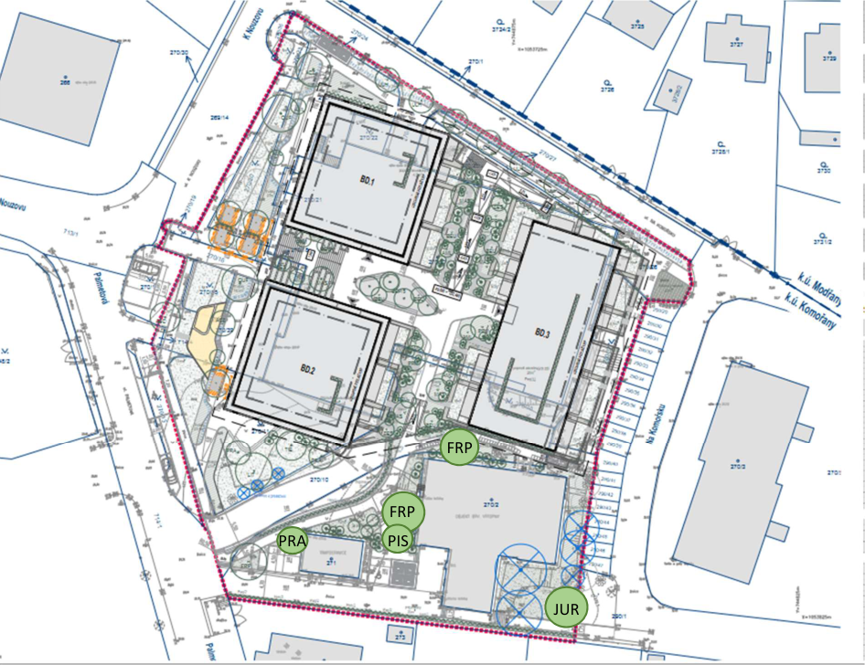 Koordinační situační výkres plánované výstavby tří bytových domů na pozemcích v k.ú. Modřany.