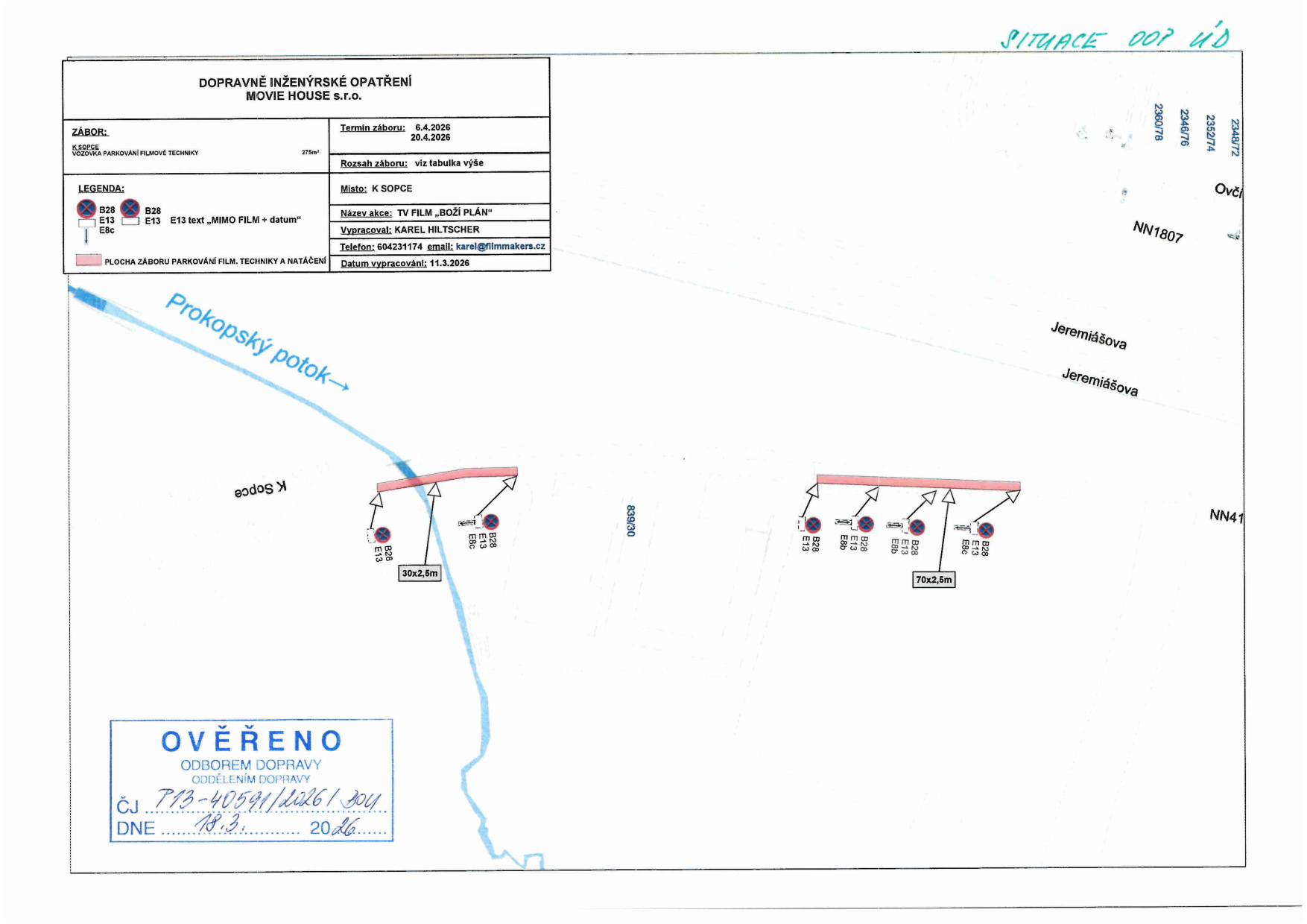 Dopravně inženýrské opatření pro filmové natáčení v lokalitě K Sopce, obsahující situační plán záboru parkovacích ploch.