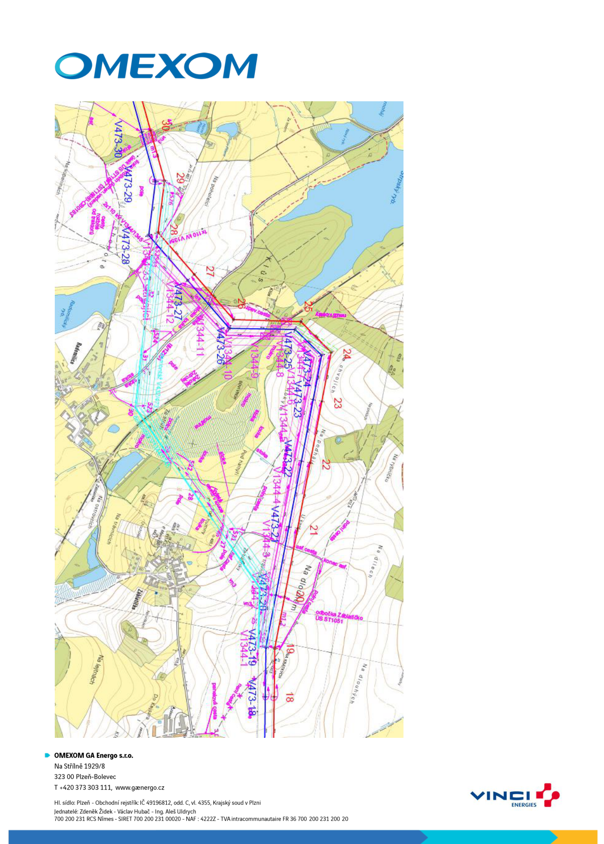 Situační plán elektrického vedení (vysokého napětí) v krajině. Mapa obsahuje trasu vedení s označenými stožáry (čísla 18 až 30) a technické popisy vedení (např. V473-18 až V473-30, V1344-1 až V1344-12). V mapě jsou vyznačeny lokality: Na dlouhých, Na podhájí, Na pohořelicích, Radomilice, Na trávnících. V dolní části je uvedena společnost: OMEXOM GA Energo s.r.o., Na Střílně 1929/8, 323 00 Plzeň-Bolevec, tel: +420 373 303 111, www.gaenergo.cz, identifikační údaje firmy (IČ 49196812, jednatelé: Zdeněk Žídek, Václav Hubač, Ing. Aleš Uldrych).