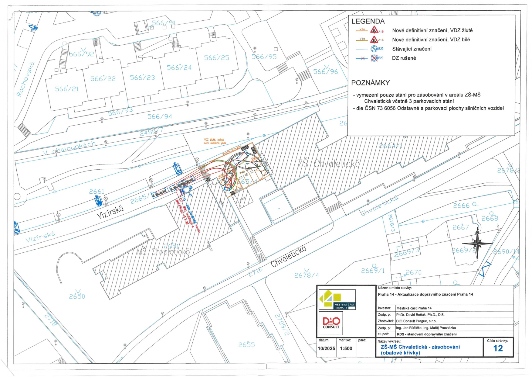 Situační nákres dopravního značení v okolí ZŠ a MŠ Chvaletická v Praze 14.