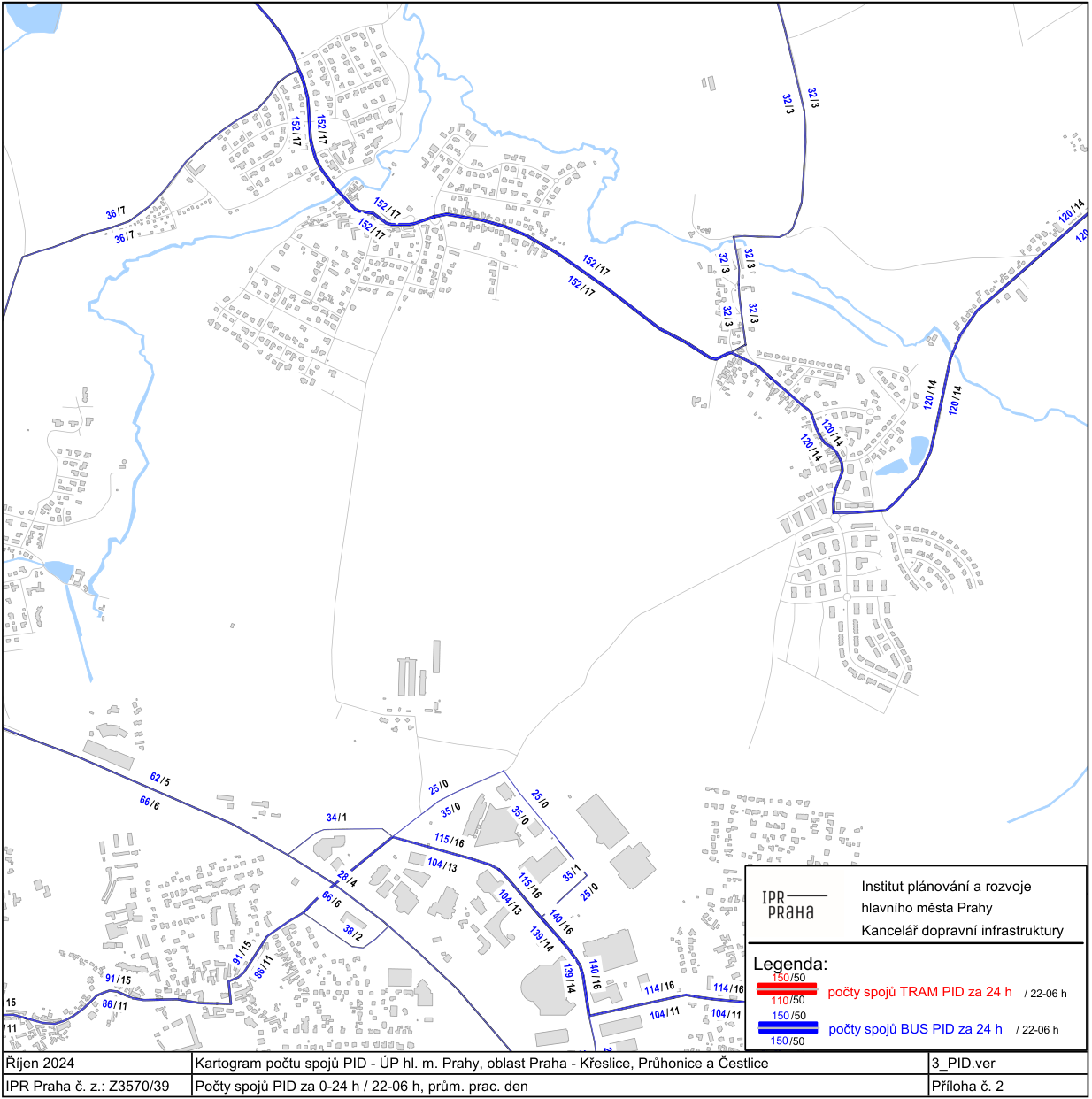 Kartogram počtu spojů PID (Pražské integrované dopravy) v oblasti Praha - Křeslice, Průhonice a Čestlice. Mapa zobrazuje intenzitu spojů na jednotlivých úsecích pomocí číselných údajů (např. 152/17, 120/14, 32/3, 66/6, 104/13 atd.). Legenda: červená barva značí počty spojů TRAM PID za 24 h / 22-06 h, modrá barva značí počty spojů BUS PID za 24 h / 22-06 h. Dokument vydal Institut plánování a rozvoje hlavního města Prahy, Kancelář dopravní infrastruktury. Datum: Říjen 2024. Číslo dokumentu: IPR Praha č. z.: Z3570/39, 3_PID.ver, Příloha č. 2.