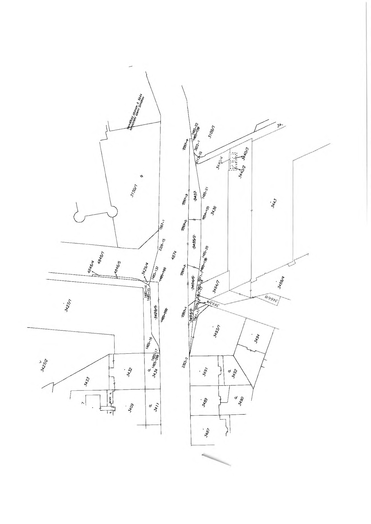 Katastrální mapa zobrazující parcely a jejich čísla v dané lokalitě. Čitelná čísla parcel: 3427/2, 3433, 3409, 3432, 3411, 3434, 3429/4, 4846/4, 4846/1, 4846/5, 3150/1, 4874, 2326-15, 1567-1, 2267-4, 2267-3, 2267-5, 3435/2, 3464/6, 3464/7, 3493/4, 3493/1, 3492, 3490, 3494, 3489, 3491, 3487, 3464/8, 3459/4, 3440/2, 3440/3, 3440/4, 3436. Dále jsou v mapě uvedena čísla bodů (např. 1485-16, 1485-17, 1485-269, 1485-208, 1485-137, 1485-193, 1485-20, 1485-136, 1485-135, 1485-21, 3822-1, 1485-22, 1485-139, 1113-10) a text 'Geometrický plán č. 5644 katastrální území Smíchov'.