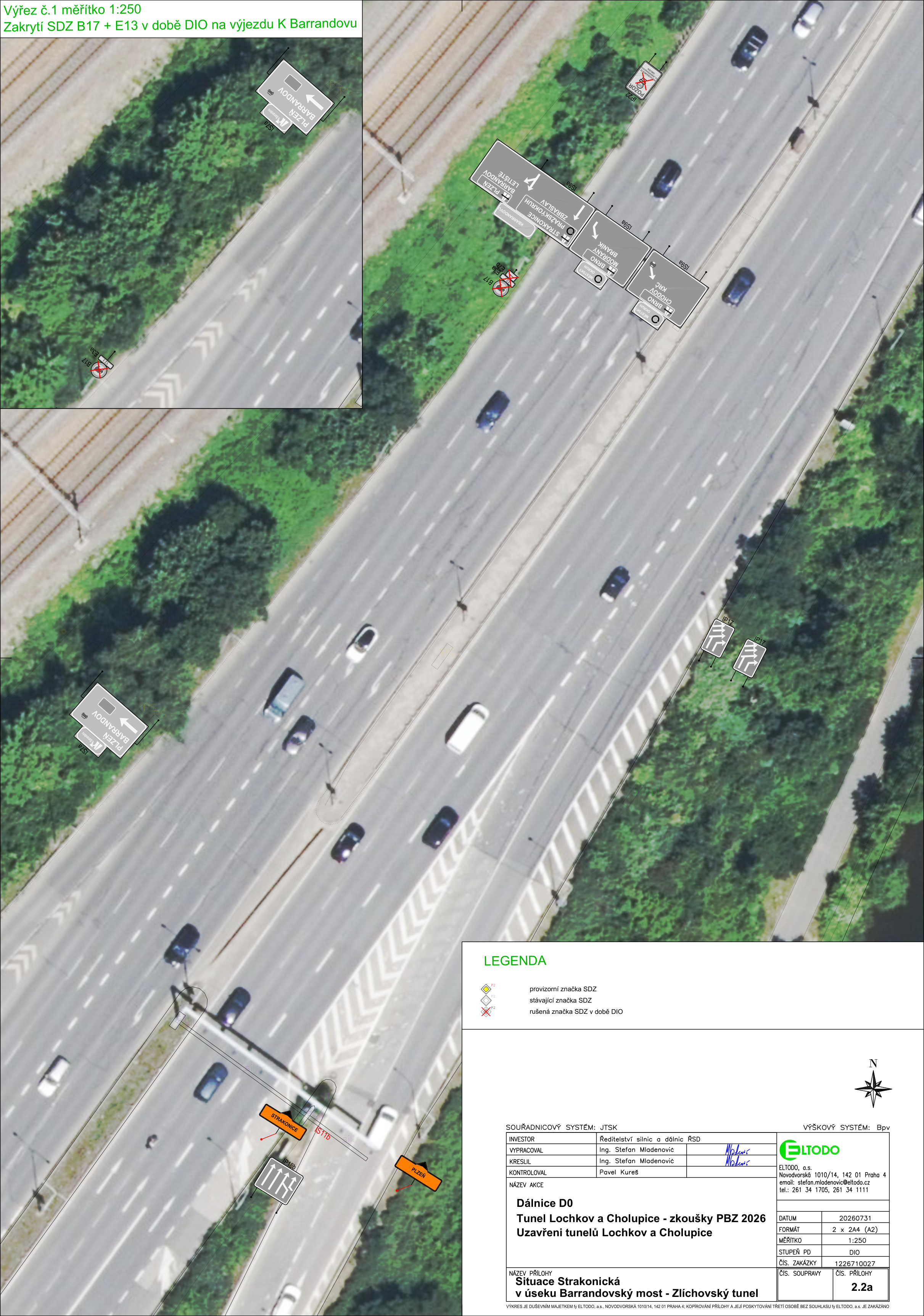 Situační nákres dopravního značení (DIO) pro dálnici D0 v úseku Barrandovský most – Zlíchovský tunel v rámci zkoušek PBZ 2026. Dokument obsahuje: 1) Výřez č. 1 měřítko 1:250: Zakrytí SDZ B17 + E13 v době DIO na výjezdu K Barrandovu. 2) Hlavní situační mapu s vyznačením stávajících a provizorních dopravních značek. 3) Legendu: provizorní značka SDZ, stávající značka SDZ, rušená značka SDZ v době DIO. 4) Informační blok: Investor: Ředitelství silnic a dálnic ČR, Vypracoval: Ing. Stefan Mladenovic, Kreslil: Ing. Stefan Mladenovic, Kontroloval: Pavel Kureš. Název akce: Dálnice D0, Tunel Lochkov a Cholupice - zkoušky PBZ 2026, Uzavření tunelů Lochkov a Cholupice. Název přílohy: Situace Strakonická v úseku Barrandovský most - Zlíchovský tunel. Číslo přílohy: 2.2a, Datum: 20260731, Číslo zakázky: 1226710027. Kontakt: ELTODO, a.s., Novodvorská 1010/14, 142 01 Praha 4, email: stefan.mladenovic@eltodo.cz, tel: 261 34 1705, 261 34 1111.