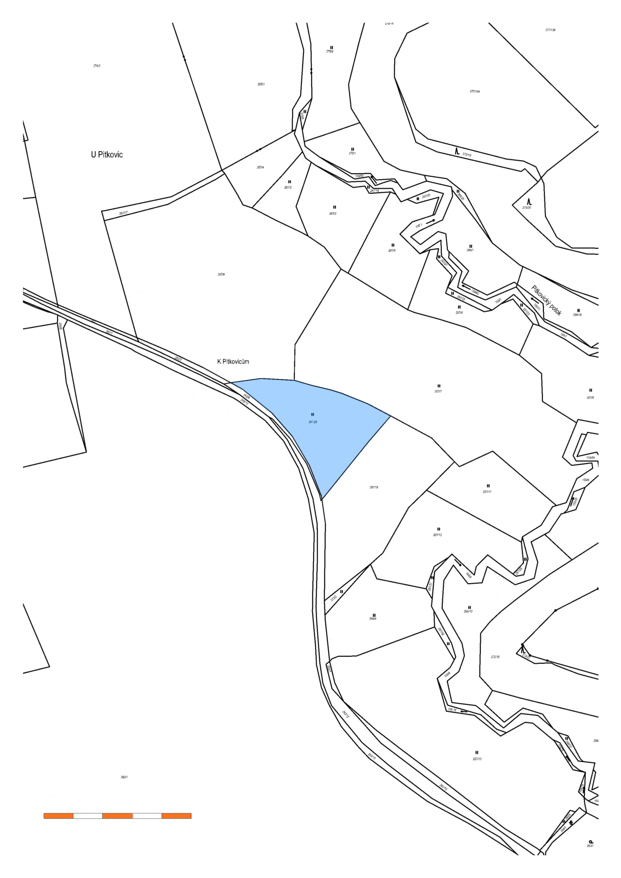 Katastrální mapa zobrazující pozemky v oblasti Pitkovic. V mapě je modře zvýrazněna parcela č. 267/26. Dále jsou v mapě patrné názvy lokalit 'U Pitkovic' a 'K Pitkovicům' a název vodního toku 'Pitkovický potok'. V mapě jsou vyznačena čísla parcel (např. 267/6, 267/18, 267/11, 267/12, 267/13, 267/14, 267/15, 267/16, 267/17, 267/19, 267/20, 267/21, 267/22, 267/23, 267/24, 267/25, 267/27, 267/28, 267/29, 267/30, 267/31, 267/32, 267/33, 267/34, 267/35, 267/36, 267/37, 267/38, 267/39, 267/40, 267/41, 267/42, 267/43, 267/44, 267/45, 267/46, 267/47, 267/48, 267/49, 267/50, 267/51, 267/52, 267/53, 267/54, 267/55, 267/56, 267/57, 267/58, 267/59, 267/60, 267/61, 267/62, 267/63, 267/64, 267/65, 267/66, 267/67, 267/68, 267/69, 267/70, 267/71, 267/72, 267/73, 267/74, 267/75, 267/76, 267/77, 267/78, 267/79, 267/80, 267/81, 267/82, 267/83, 267/84, 267/85, 267/86, 267/87, 267/88, 267/89, 267/90, 267/91, 267/92, 267/93, 267/94, 267/95, 267/96, 267/97, 267/98, 267/99, 267/100, 267/101, 267/102, 267/103, 267/104, 267/105, 267/106, 267/107, 267/108, 267/109, 267/110, 267/111, 267/112, 267/113, 267/114, 267/115, 267/116, 267/117, 267/118, 267/119, 267/120, 267/121, 267/122, 267/123, 267/124, 267/125, 267/126, 267/127, 267/128, 267/129, 267/130, 267/131, 267/132, 267/133, 267/134, 267/135, 267/136, 267/137, 267/138, 267/139, 267/140, 267/141, 267/142, 267/143, 267/144, 267/145, 267/146, 267/147, 267/148, 267/149, 267/150, 267/151, 267/152, 267/153, 267/154, 267/155, 267/156, 267/157, 267/158, 267/159, 267/160, 267/161, 267/162, 267/163, 267/164, 267/165, 267/166, 267/167, 267/168, 267/169, 267/170, 267/171, 267/172, 267/173, 267/174, 267/175, 267/176, 267/177, 267/178, 267/179, 267/180, 267/181, 267/182, 267/183, 267/184, 267/185, 267/186, 267/187, 267/188, 267/189, 267/190, 267/191, 267/192, 267/193, 267/194, 267/195, 267/196, 267/197, 267/198, 267/199, 267/200, 267/201, 267/202, 267/203, 267/204, 267/205, 267/206, 267/207, 267/208, 267/209, 267/210, 267/211, 267/212, 267/213, 267/214, 267/215, 267/216, 267/217, 267/218, 267/219, 267/220, 267/221, 267/222, 267/223, 267/224, 267/225, 267/226, 267/227, 267/228, 267/229, 267/230, 267/231, 267/232, 267/233, 267/234, 267/235, 267/236, 267/237, 267/238, 267/239, 267/240, 267/241, 267/242, 267/243, 267/244, 267/245, 267/246, 267/247, 267/248, 267/249, 267/250, 267/251, 267/252, 267/253, 267/254, 267/255, 267/256, 267/257, 267/258, 267/259, 267/260, 267/261, 267/262, 267/263, 267/264, 267/265, 267/266, 267/267, 267/268, 267/269, 267/270, 267/271, 267/272, 267/273, 267/274, 267/275, 267/276, 267/277, 267/278, 267/279, 267/280, 267/281, 267/282, 267/283, 267/284, 267/285, 267/286, 267/287, 267/288, 267/289, 267/290, 267/291, 267/292, 267/293, 267/294, 267/295, 267/296, 267/297, 267/298, 267/299, 267/300).