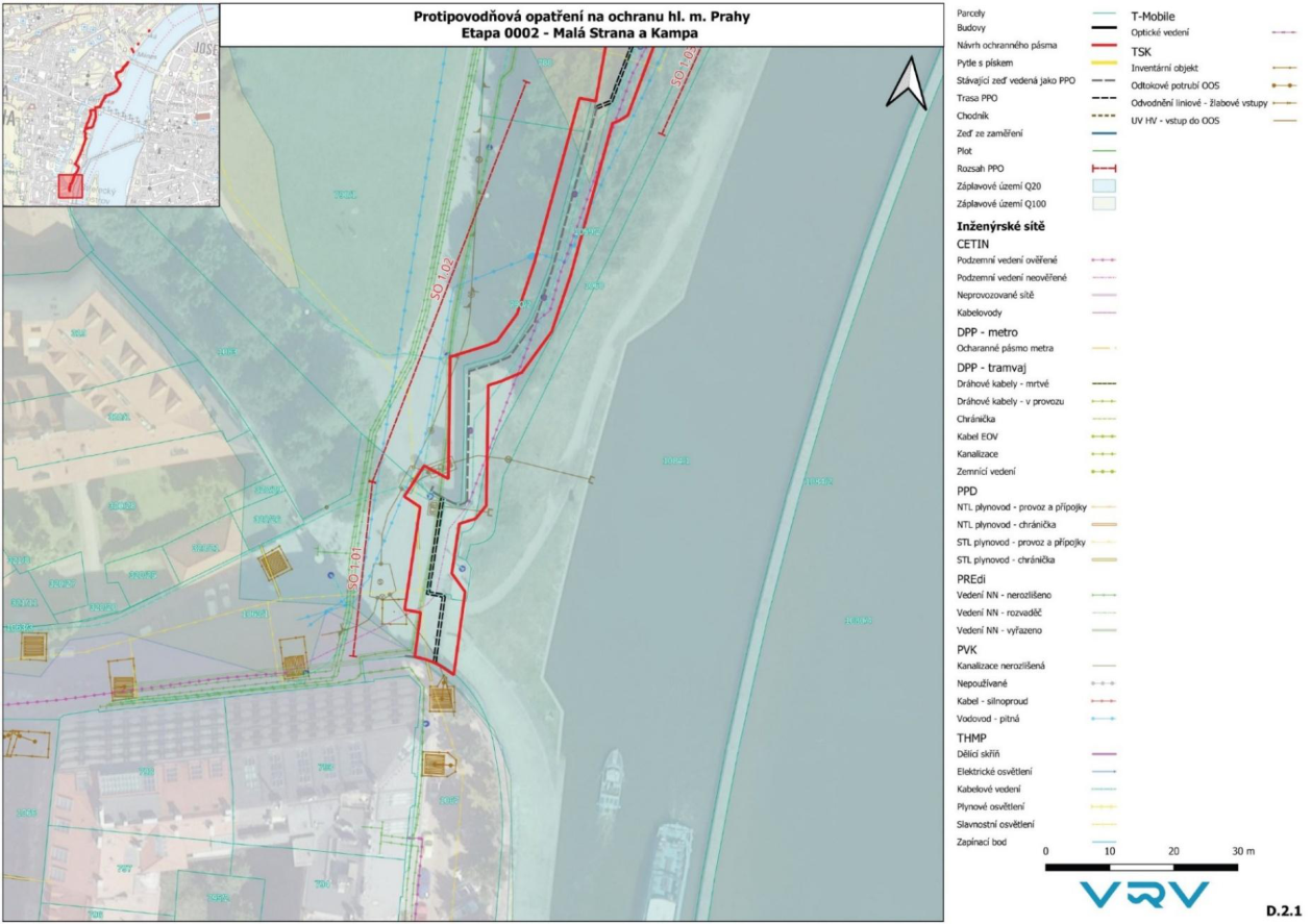 Situační plán protipovodňových opatření v lokalitě Malá Strana a Kampa v Praze.