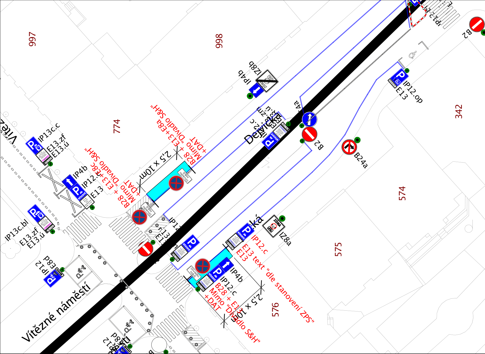 Situační nákres dopravního značení v oblasti Vítězného náměstí v Praze (Dejvice). Mapa obsahuje vyznačené parkovací zóny a dopravní značky: IP12 (parkoviště), IP13c (parkoviště s parkovacím automatem), E13 (dodatkové tabulky), B28 (zákaz zastavení), B2 (zákaz vjezdu všech vozidel), B24a (přikázaný směr jízdy vpravo), IZ8b (konec zóny s dopravním omezením), IZ8a (zóna s dopravním omezením). U parkovacích míst jsou uvedeny parametry (např. '2,5 x 10m') a doplňující texty jako 'Mimo Divadlo S&H + DAT' nebo 'text dle stanovení ZPS'. V mapě jsou vyznačena čísla parcel (např. 997, 866, 774, 574, 575, 576, 342) a název ulice 'Dejvická'.