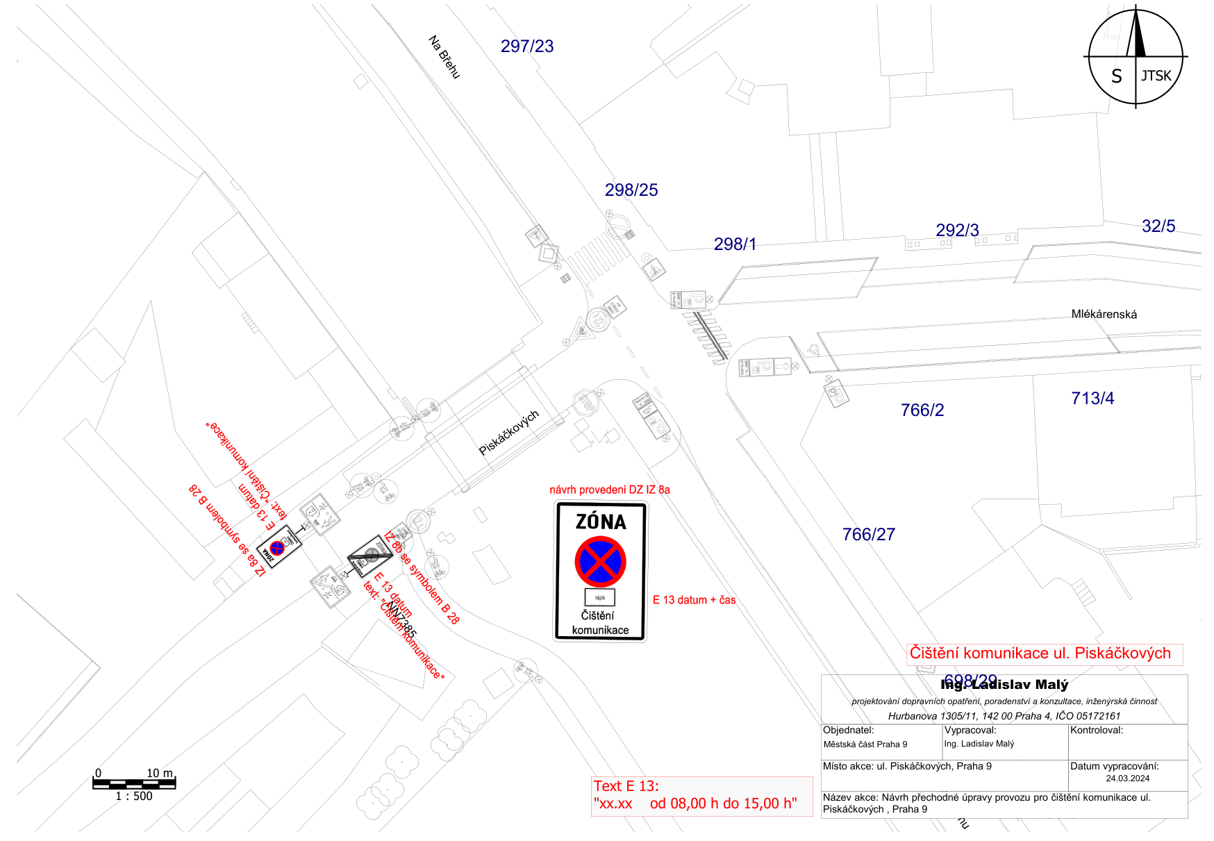 Situační nákres dopravního značení pro čištění ulice Pískáčkových v Praze 9.
