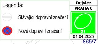 Legenda dopravního značení. Stávající dopravní značení (symbol bílého kruhu s vodorovným břevnem), nové dopravní značení (symbol zákaz zastavení s křížem). V p…