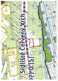 Katastrální mapa oblasti Sídliště Červený Vrch. Mapa obsahuje parcelní čísla (např. 1281/292, 1281/289, 1281/203, 123/120/2893) a vyznačení hranic pozemků a bu…