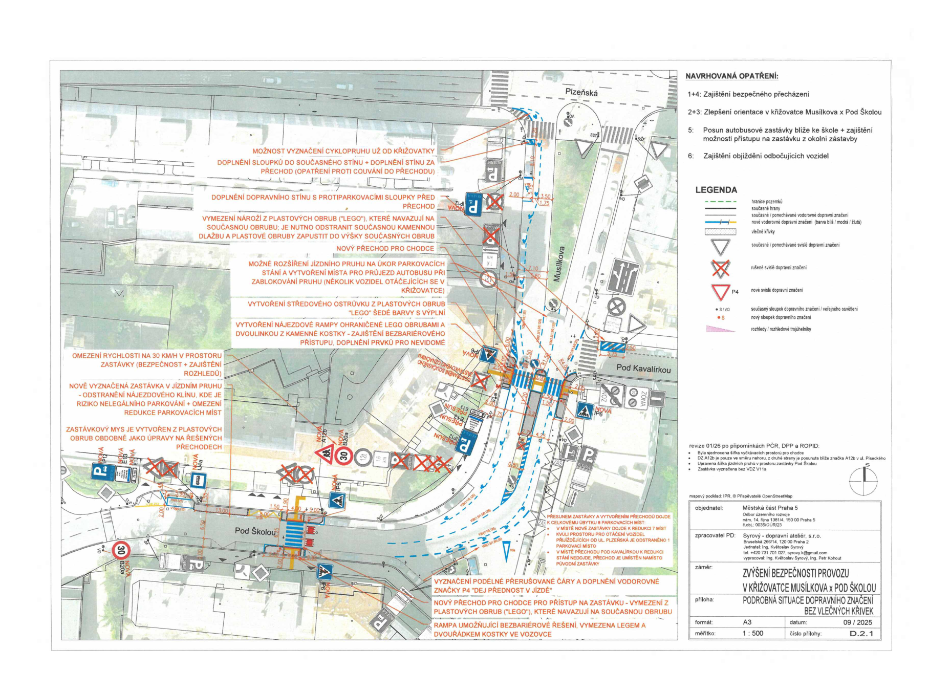 Koordinační situační výkres dopravního značení a stavebních úprav křižovatky ulic Pod Školou a Musílkova.