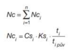 Matematický vzorec pro výpočet celkového počtu (Nc) jako součtu dílčích hodnot (Nci) od 1 do n. Vzorec pro dílčí hodnotu: Nci = Csi * Ksi * (ti / ti pův), kde ti je čas a ti pův je původní čas.