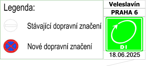 Legenda k dopravnímu značení: 'Stávající dopravní značení' (symbol zákazu vjezdu) a 'Nové dopravní značení' (symbol zákazu zastavení). V pravé části je uvedeno: 'Veleslavín', 'PRAHA 6', zelená ikona kruhového objezdu s textem 'DI' a datum '18.06.2025'.