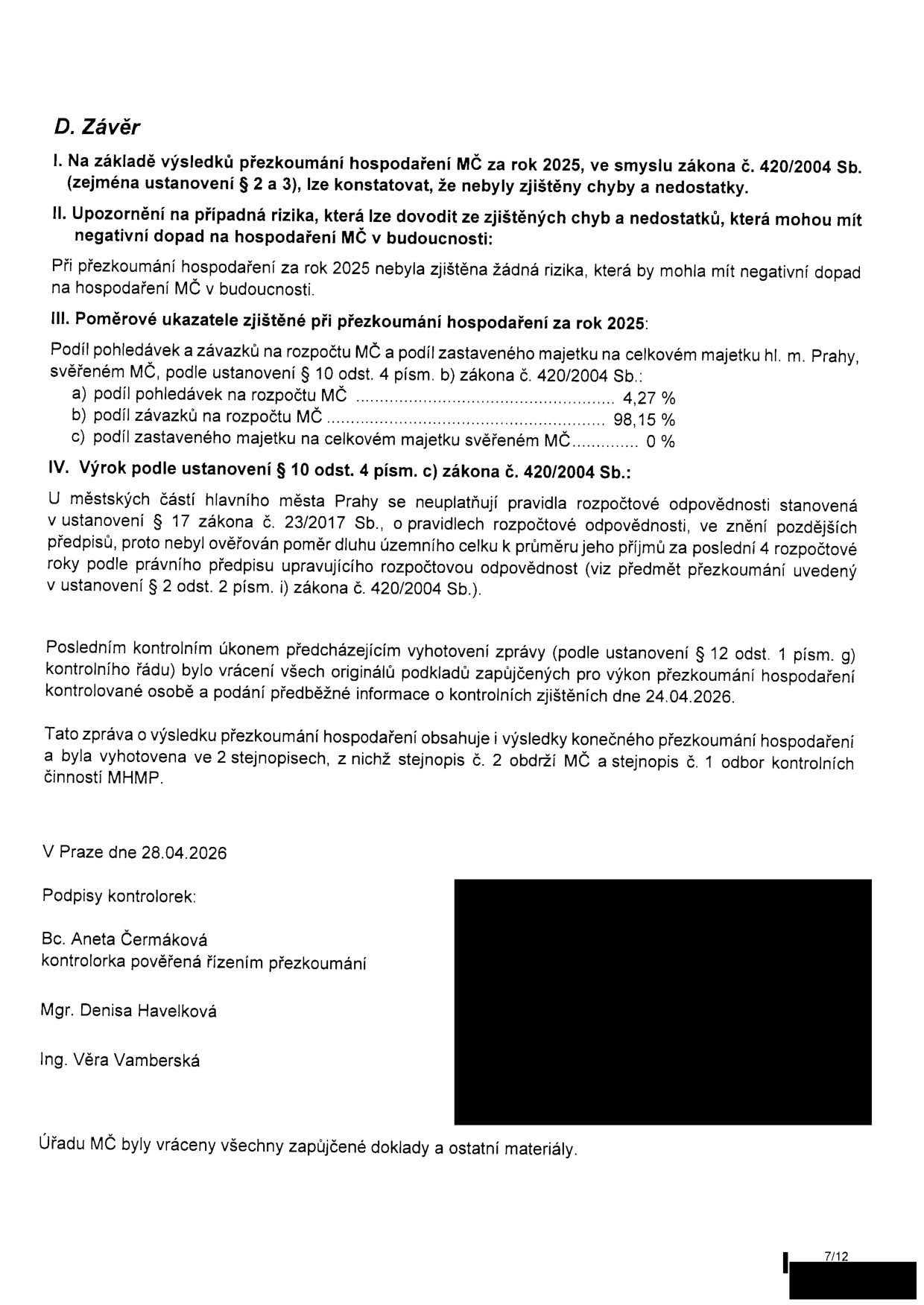 Závěrečná část zprávy o výsledku přezkoumání hospodaření MČ za rok 2025. Obsahuje: I. Konstatování, že nebyly zjištěny chyby a nedostatky. II. Upozornění, že nebyla zjištěna žádná rizika. III. Poměrové ukazatele: podíl pohledávek na rozpočtu MČ 4,27 %, podíl závazků na rozpočtu MČ 98,15 %, podíl zastaveného majetku na celkovém majetku svěřeném MČ 0 %. IV. Výrok podle ustanovení § 10 odst. 4 písm. c) zákona č. 420/2004 Sb. (u městských částí hl. m. Prahy se neuplatňují pravidla rozpočtové odpovědnosti dle zákona č. 23/2017 Sb.). Zpráva byla vyhotovena 28.04.2026, podepsány Bc. Aneta Čermáková, Mgr. Denisa Havelková, Ing. Věra Vamberská. Potvrzeno vrácení všech zapůjčených dokladů.