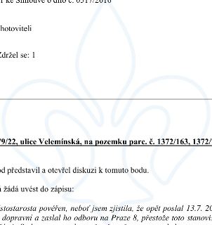 Výňatek ze zápisu z jednání: '...ke smlouvě o dílo č. 0517/2016', 'hotoviteli', 'Zdržel se: 1', '9/22, ulice Velemínská, na pozemku parc. č. 1372/163, 1372/',…