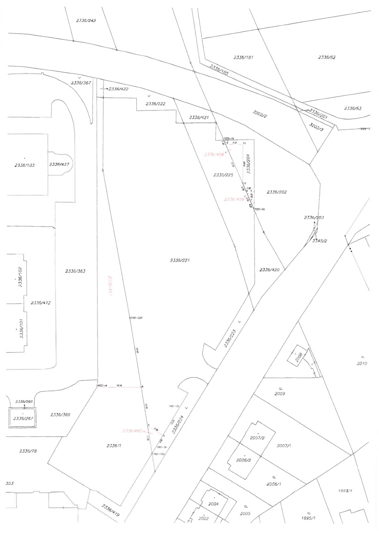 Katastrální mapa zobrazující parcely v dané lokalitě. Čitelná čísla parcel: 2336/242, 2336/185, 2336/181, 2336/62, 2336/63, 3202/2, 3202/3, 2336/201, 2336/367, 2336/422, 2336/222, 2336/421, 2336/458, 2336/204, 2336/225, 2336/459, 2336/202, 2336/203, 2345/2, 2336/420, 2336/103, 2336/427, 2336/363, 2336/457, 2336/221, 2336/102, 2336/412, 2336/101, 2336/223, 2008, 2010, 2009, 2336/268, 2336/267, 2336/366, 2336/224, 2336/78, 2336/460, 2336/1, 2007/2, 2007/1, 2006/2, 2006/1, 1993/1, 353, 2336/419, 2004, 2002, 2005, 1995/1.