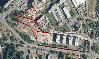 Katastrální mapa s ortofotomapou zobrazující vyznačené pozemky (červeně ohraničené oblasti). V mapě jsou patrná čísla parcel, např. 844/30, 844/31, 844/32, 844…