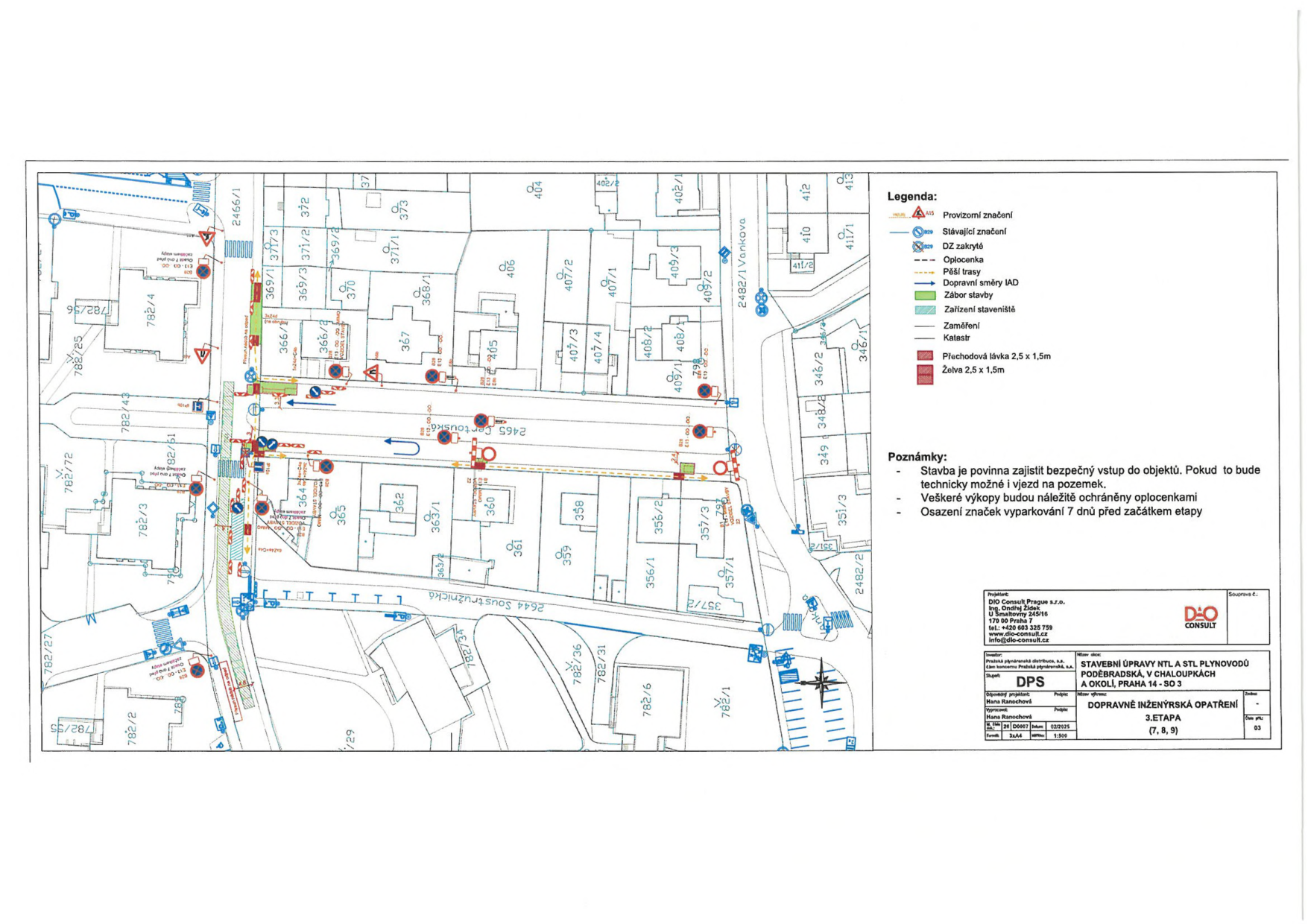 Koordinační situační výkres dopravního značení pro stavební úpravy plynovodů v ulici Poděbradská a okolí.