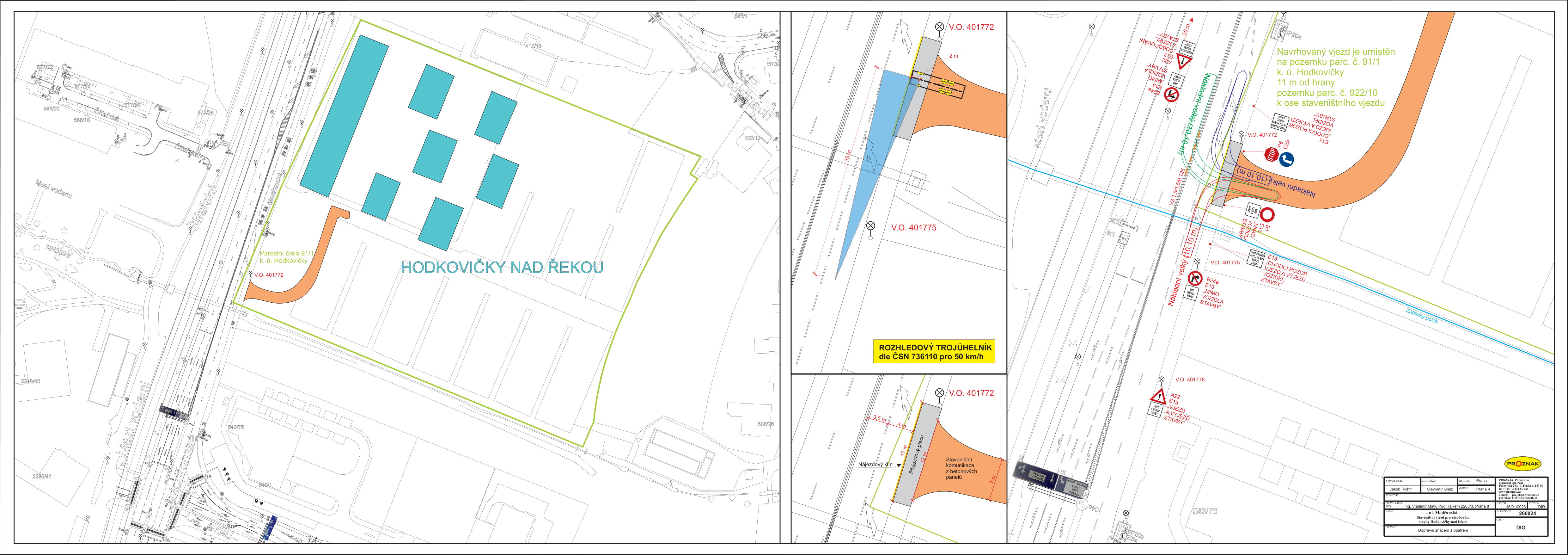 Projektová dokumentace pro stavbu vjezdu 'HODKOVIČKY NAD ŘEKOU'. Obsahuje situační plán umístění vjezdu na pozemek parc. č. 91/1 v k.ú. Hodkovičky, 11 m od hranice pozemku parc. č. 922/10. Dále obsahuje schéma rozhledového trojúhelníku dle ČSN 736110 pro 50 km/h, detailní nákres napojení komunikace z betonových panelů a technické značení (značka STOP, zákaz vjezdu, upozornění na vjezd vozidel stavby). V pravém dolním rohu je razítko s informacemi: Ing. Dalibor Mách, Pod Lipami 10/22, Praha 4, název akce: 'ul. Modřanská - Stavební úprava pro zásobování areálu Hodkovičky nad řekou', datum 260524, číslo výkresu 043.