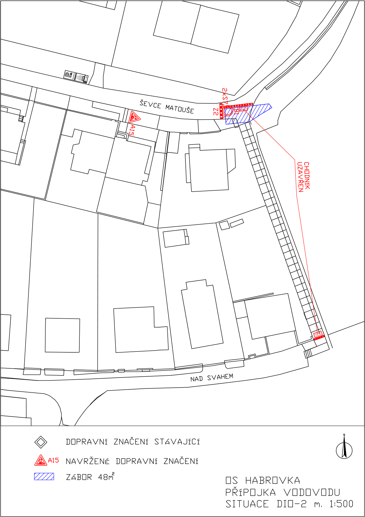 Situační nákres DIO-2 (dopravně inženýrské opatření) pro stavbu přípojky vodovodu v lokalitě OS Habrovka. Mapa zobrazuje ulice Ševce Matouše a Nad Svahem. Vyznačeno je navržené dopravní značení (A15), zábor plochy 48 m² a uzavřený chodník. Měřítko 1:500. Legenda obsahuje: DOPRAVNÍ ZNAČENÍ STÁVAJÍCÍ, NAVRŽENÉ DOPRAVNÍ ZNAČENÍ, ZÁBOR 48 m².