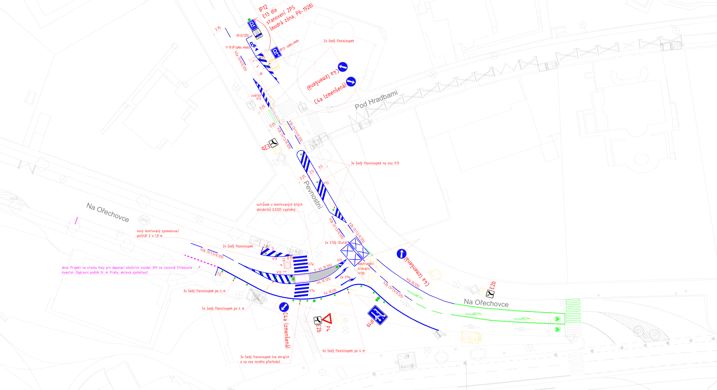 Dopravně inženýrské opatření (situační nákres) pro úpravu křižovatky ulic Na Ořechovce a Pevnostní.
