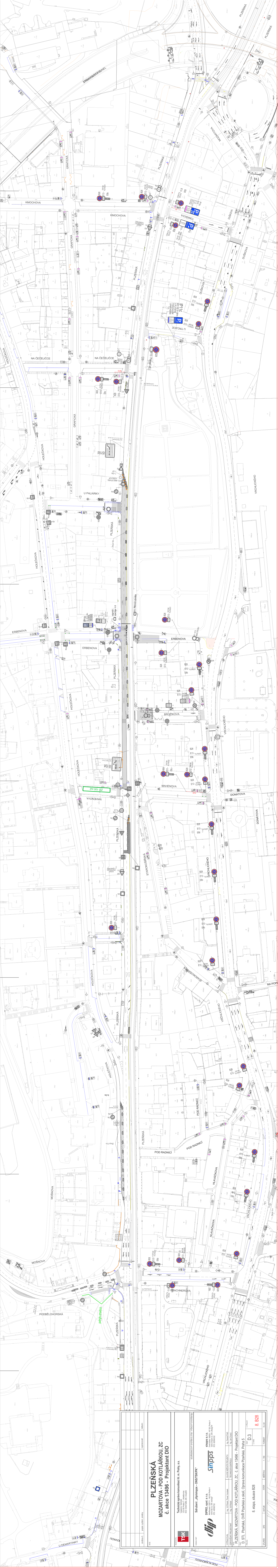 Projektová dokumentace dopravního značení pro ulici Plzeňská, úsek Motolská - Pod Kotlářkou. Výkres obsahuje situační plán dopravního značení (zákazové značky, vodorovné značení, přechody pro chodce) v dané lokalitě. V dolní části je razítko s názvem projektu 'PLZEŇSKÁ, MOTOLSKÁ - POD KOTLÁŘKOU (II)', měřítko 1:500, zpracovatel a technické údaje.