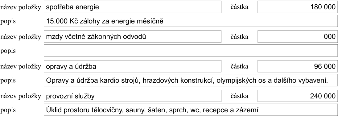 Tabulka s přehledem provozních nákladů: 1) název položky: spotřeba energie, částka: 180 000, popis: 15.000 Kč zálohy za energie měsíčně. 2) název položky: mzdy včetně zákonných odvodů, částka: 000, popis: (prázdný). 3) název položky: opravy a údržba, částka: 96 000, popis: Opravy a údržba kardio strojů, hrazdových konstrukcí, olympijských os a dalšího vybavení. 4) název položky: provozní služby, částka: 240 000, popis: Úklid prostoru tělocvičny, sauny, šaten, sprch, wc, recepce a zázemí.