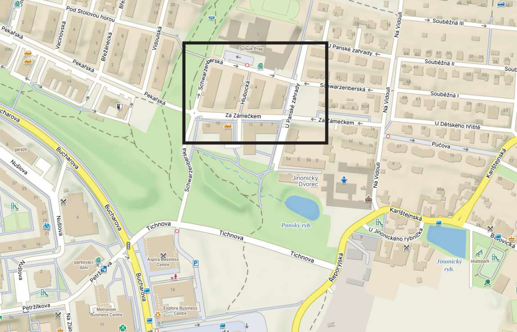 Mapa oblasti Jinonice v Praze se zvýrazněným blokem budov mezi ulicemi Schwarzenberská, Hlubocká a Za Zámečkem.