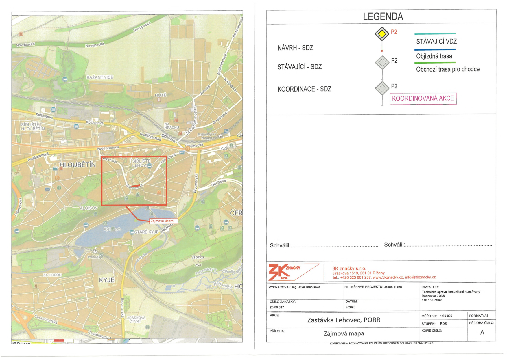 Situační mapa se zákresem zájmového území v lokalitě Praha - Lehovec pro účely dopravního značení.