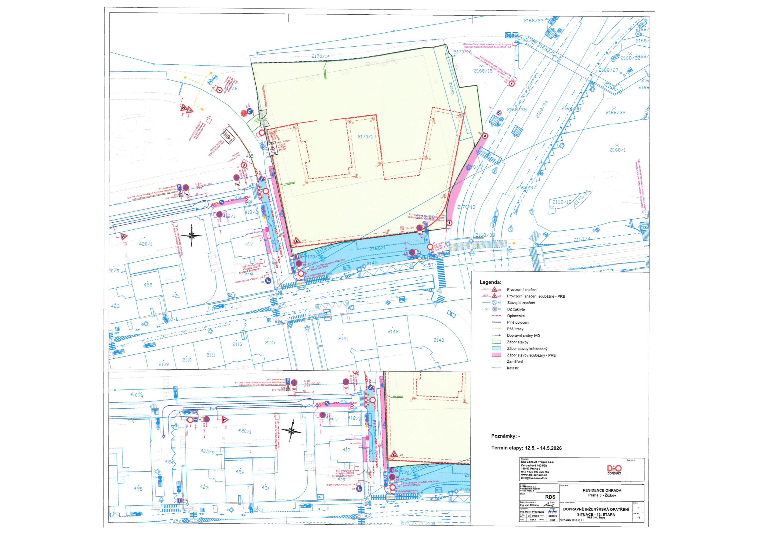 Koordinační situační výkres dopravního značení a záboru pro stavbu v lokalitě Praha 3 - Žižkov.