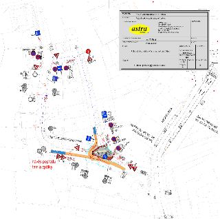 Situační nákres dopravního opatření pro stavbu 'Rekonstrukce nátokového uzlu pankrácké štoly', 1. etapa – přeložka plynovodu, situace. Měřítko 1:500, duben 202…