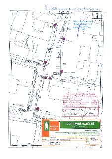 Situační nákres dopravního značení – osazení DZ B 28 v ulici Sněmovní, Praha 1. Dokument obsahuje razítko Městské části Praha 1 (Úřad městské části, Odbor dopr…