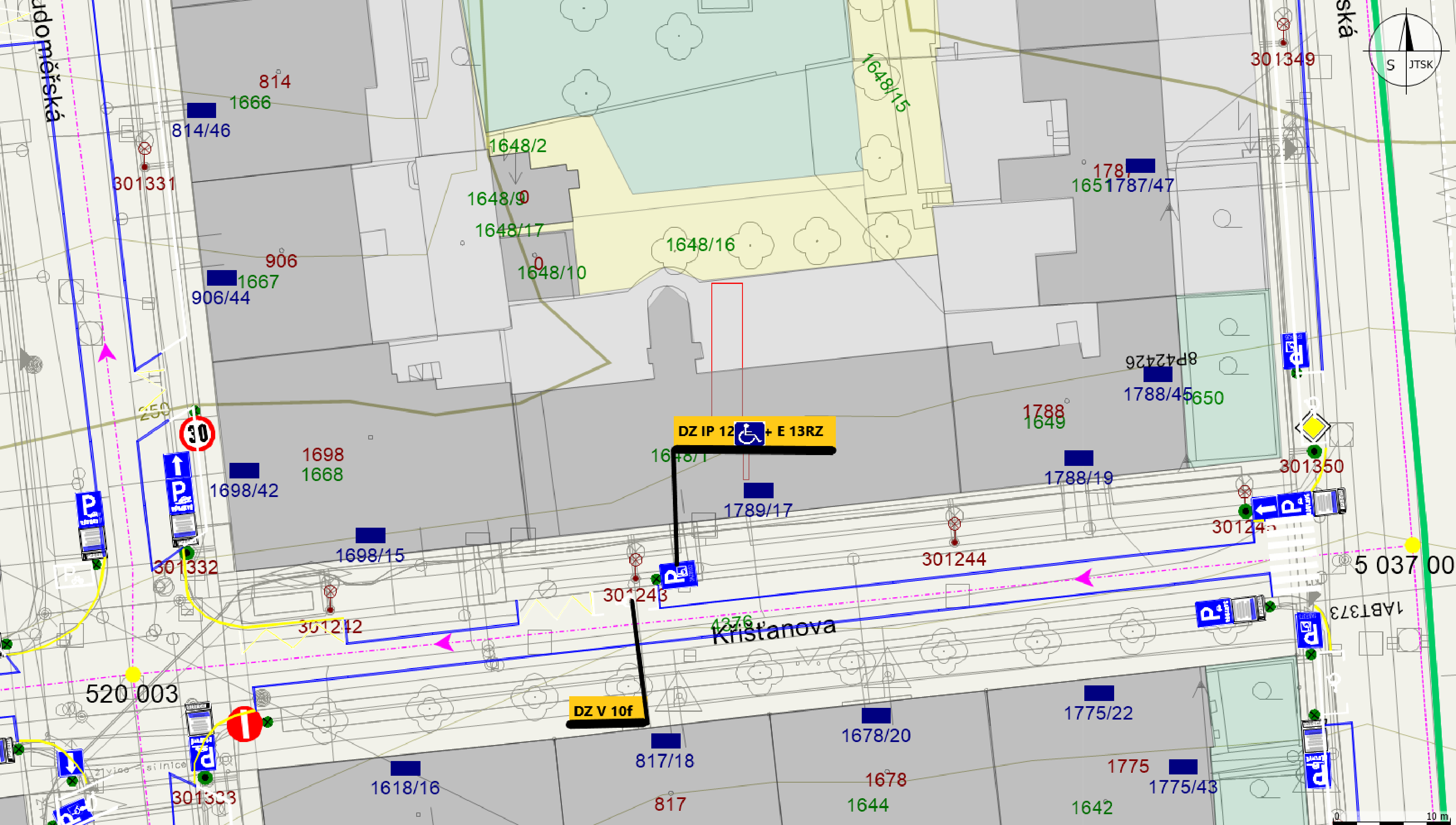 Situační nákres dopravního značení v ulici Křišťanova s vyznačením parkovacího místa pro invalidy.