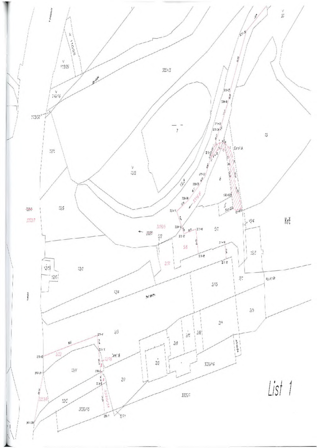 Katastrální mapa zobrazující pozemky v lokalitě Krč. V mapě jsou vyznačena čísla parcel (např. 3356/6, 3353/7, 3320/31, 2/2, 2/3, 2/4, 2/5, 2/6, 2/7, 2/8, 2/9, 2/15, 5/6, 5/7, 5/8, 12/1, 12/2, 12/5, 12/6, 12/7, 12/8, 15/3, 15/4, 3326/6, 3326/1, 3356/3, 110/28, 113/29, 116/16, 112/36). V pravé horní části je vyznačena šrafovaná plocha. V pravém dolním rohu je text 'List 1'.