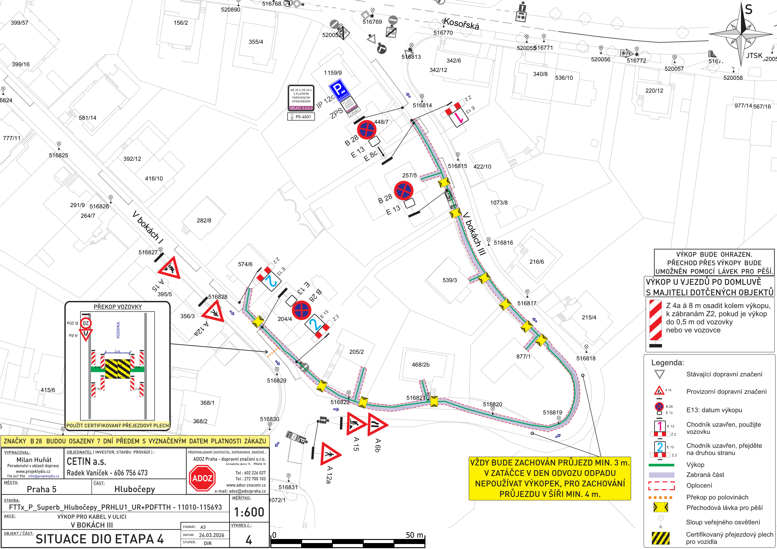 Situační nákres dopravního značení a výkopových prací v ulici V Bokách III.