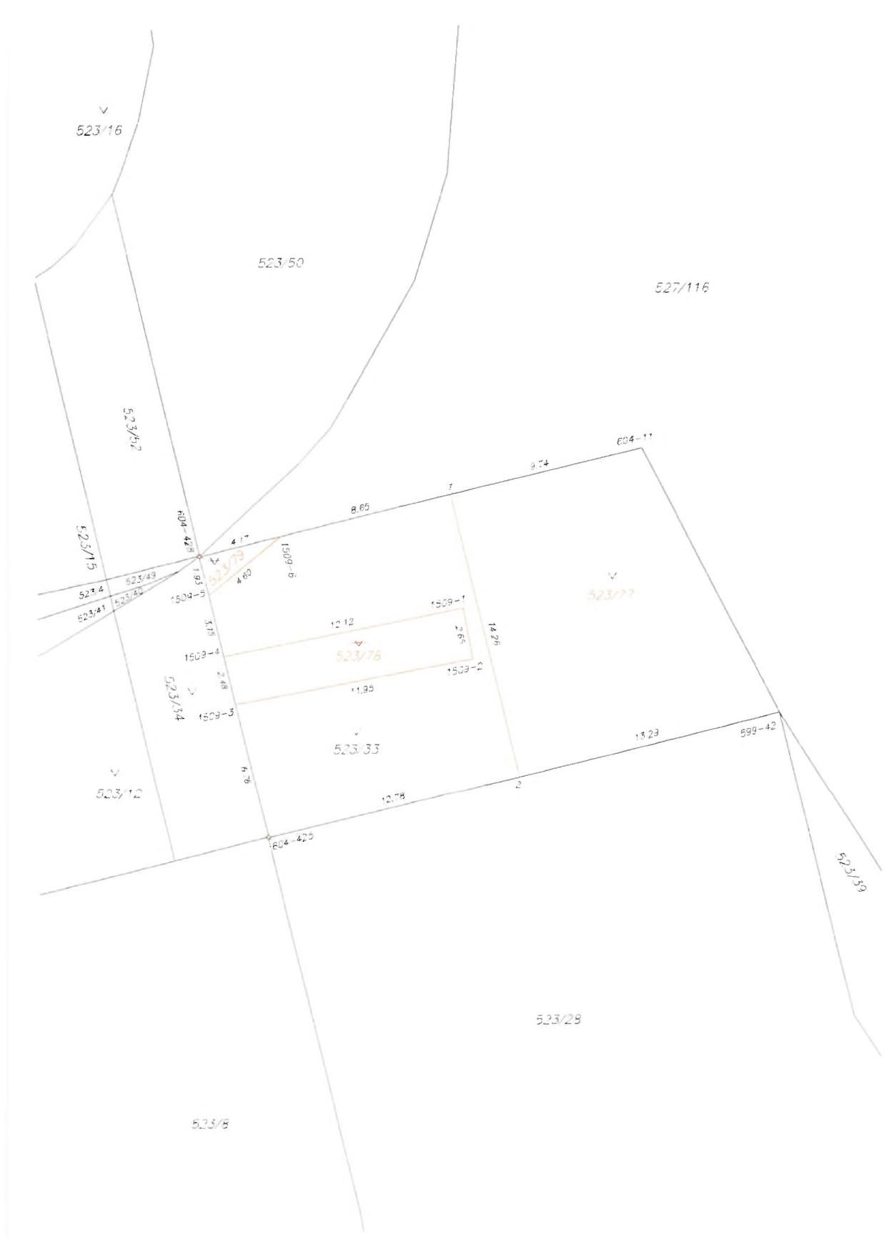 Katastrální mapa zobrazující parcely a jejich hranice. Čitelné identifikátory parcel: 523/16, 523/50, 527/116, 523/52, 523/15, 523/49, 523/40, 523/41, 523/79, 523/77, 523/78, 523/34, 523/33, 523/12, 523/28, 523/39, 523/8. Zobrazeny jsou také body s čísly: 604-428, 1509-9, 1509-6, 1509-1, 1509-4, 1509-3, 1509-2, 604-11, 599-42, 604-425. V mapě jsou uvedeny rozměry hranic (např. 8.65, 9.74, 14.26, 13.23, 12.78, 12.12, 11.95, 2.65, 2.48, 3.15, 4.60, 1.93).