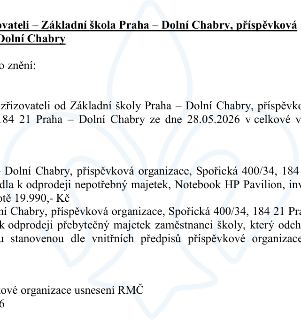 Úřední oznámení týkající se Základní školy Praha – Dolní Chabry, příspěvková organizace, se sídlem Spořická 400/34, 184 21 Praha – Dolní Chabry. Dokument se tý…
