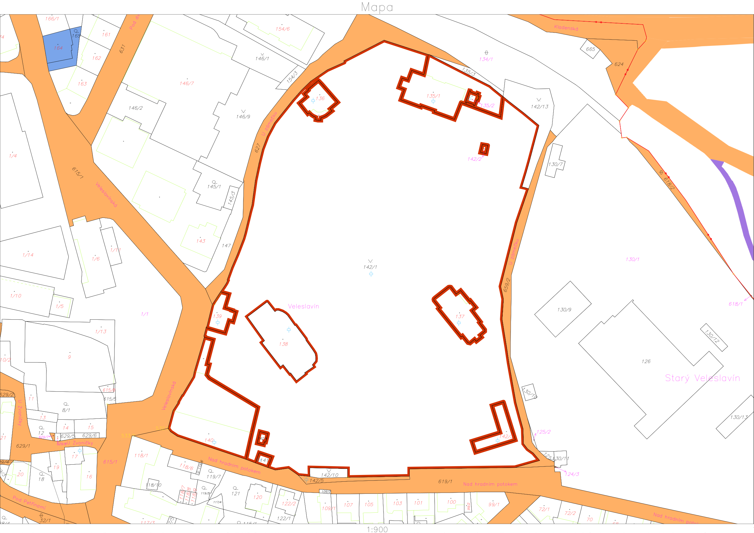 Katastrální mapa oblasti Veleslavín v Praze. Zobrazeny jsou parcely s čísly (např. 142/1, 138, 137, 136, 135/1, 140, 141, 142/10, 142/5, 619/1, 659/2, 627, 146/7, 146/9, 146/2, 145/1, 145/3, 143, 147, 118/6, 119/7, 121, 120, 122/2, 122/1, 109/1, 107, 105, 103, 101, 100, 99/1, 72/1, 72/2, 70, 124/3, 125/2, 130/11, 130/9, 130/7, 130/1, 130/12, 130/13, 134/1, 135/3, 135/2, 142/2, 618/1, 618/2, 624, 665, 154/6, 146/1, 154/3, 166/1, 165, 162, 163, 631, 615/1, 615/5, 615/4, 1/1, 1/13, 1/5, 1/10, 1/14, 1/6, 1/11, 1/4, 118/1, 117/5, 32/1, 12, 11, 629/2, 629/5, 629/6, 8/1, 13, 14, 15, 17, 18, 19, 20, 9, 1/2, 1/3, 1/7, 1/8, 1/9). Ulice a lokality: Veleslavín, Starý Veleslavín, U zámečku, Veleslavínská, Nad hradním potokem, Pod dvorem, Kladenská, Pod Petřinami, Ke Zvoníčce. Měřítko mapy 1:900.