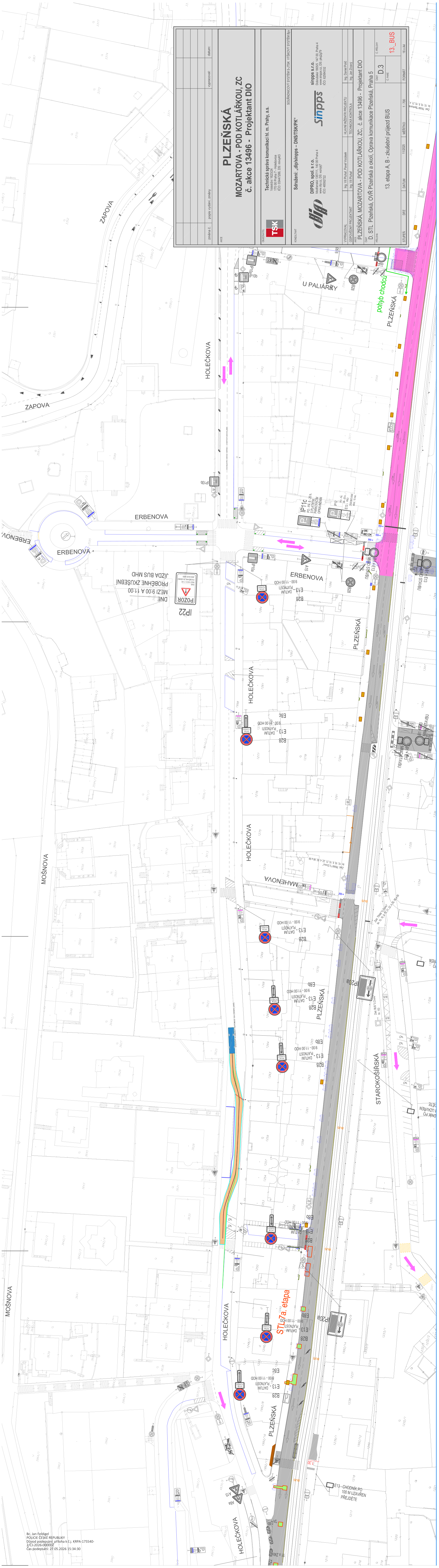 Situační plán dopravního značení (DIO) pro akci 'PLZEŇSKÁ - MOZARTOVA - POD KOTLÁŘKOU, ZC, č. akce 13496'. Dokument obsahuje technický nákres úseku ulice Plzeňská v Praze, zahrnující křižovatky s ulicemi Erbenova, Holečkova a Starokošířská. V plánu jsou vyznačeny zákazy zastavení (značky B 28), dočasné dopravní značení, trasy autobusů (BUS) a vymezení etap výstavby (např. 'STU 7. etapa'). V pravém horním rohu je razítko s informacemi o projektu, zhotoviteli (TSK, DIP, Sippps) a označení etapy '13. etapa II. B - zkušební provoz BUS'.