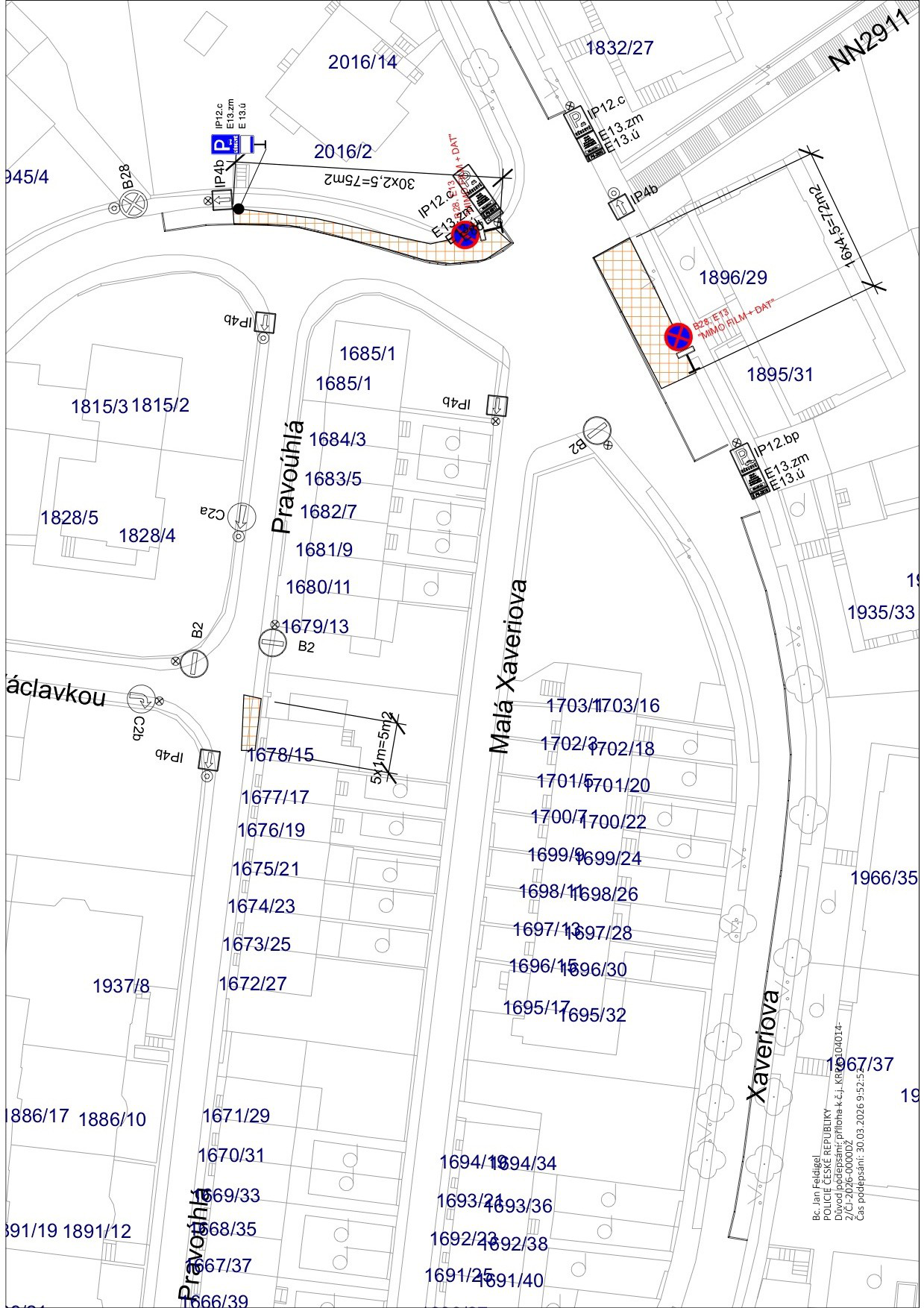 Situační nákres dopravního značení v ulicích Pravoúhlá a Malá Xaveriova.