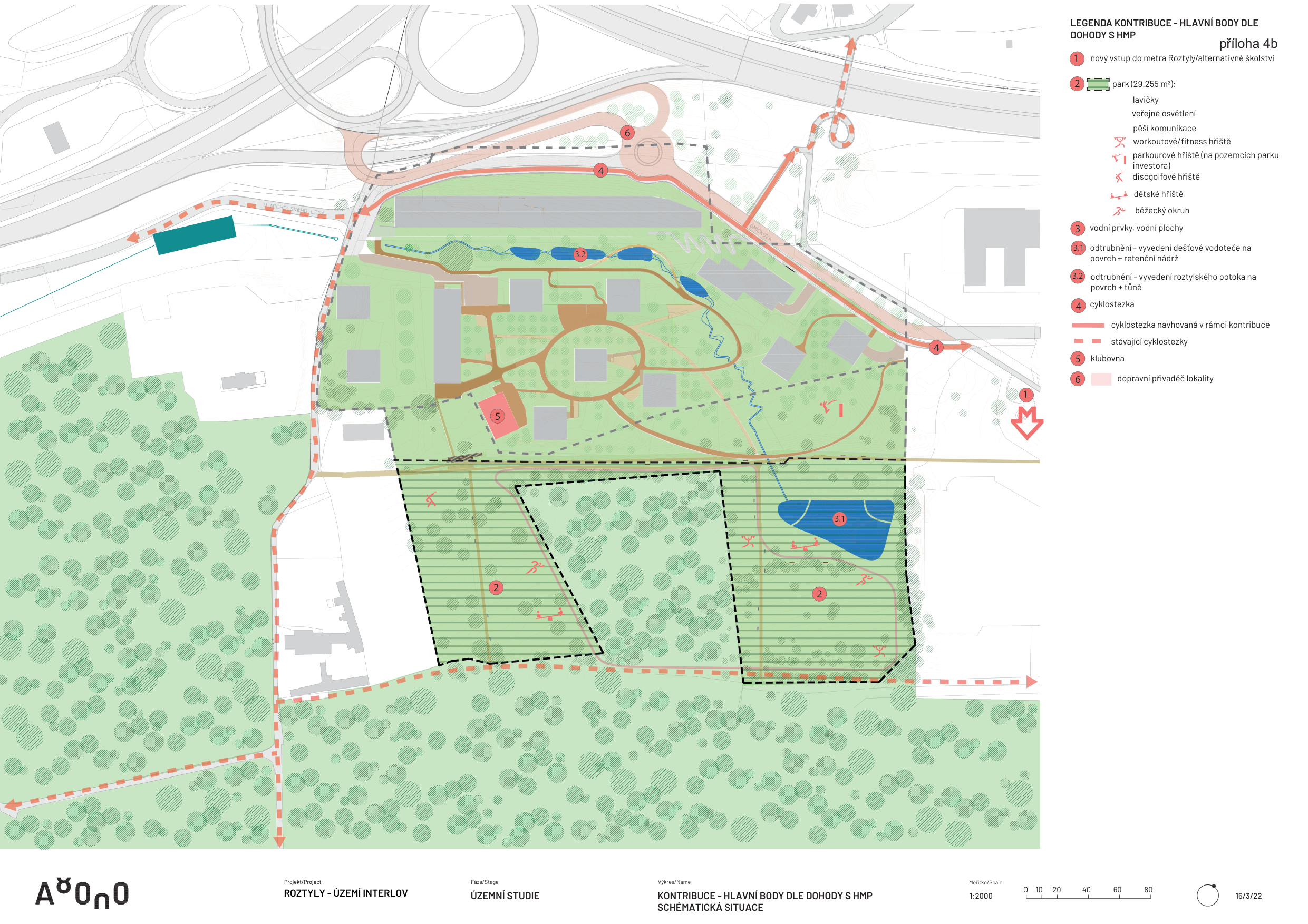 Koordinační situační výkres rozvoje území Roztyly, znázorňující plánovaný park, cyklostezky a další infrastrukturu.