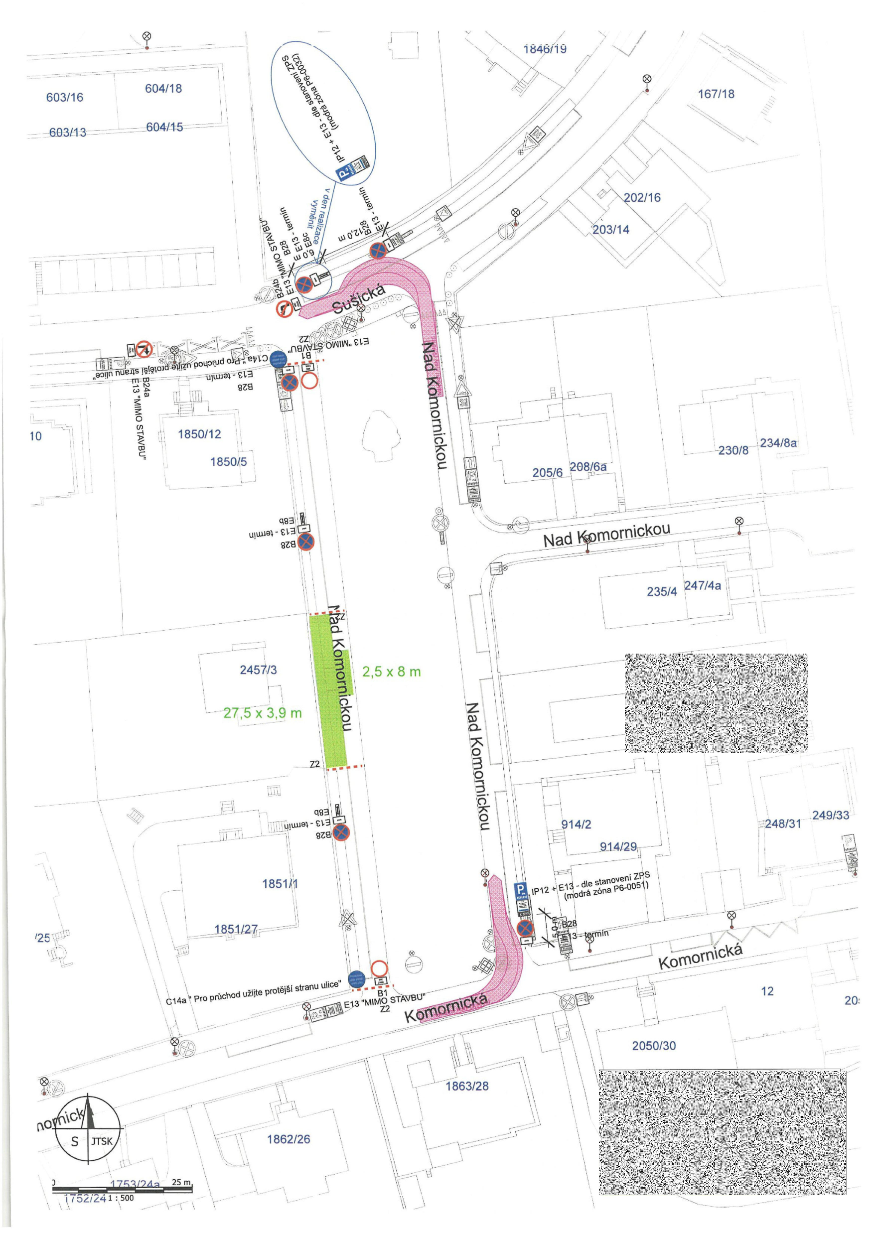 Koordinační situace dopravního značení v ulicích Sušická a Nad Komornickou.